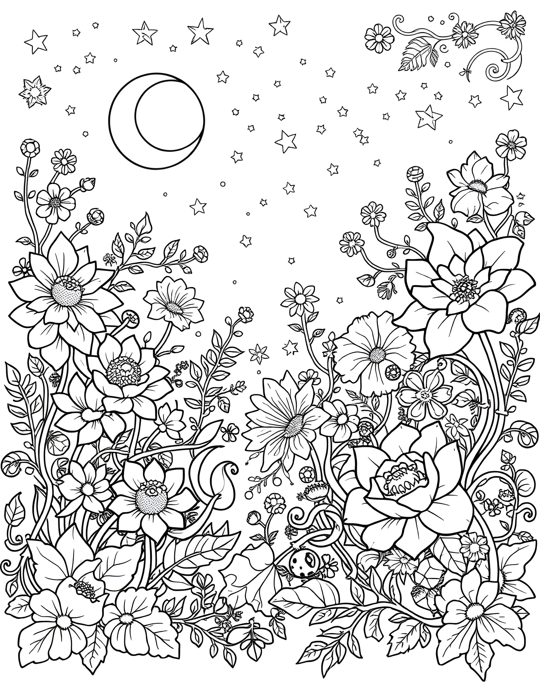 Celestial Moonlit Garden Coloring Page -- prompt: "A nighttime garden scene with flowers and plants illuminated by a crescent moon and stars, featuring intricate details suitable for adult coloring." -- Bask in the serene beauty of a moonlit garden with this ethereal coloring page. Delicate flowers and foliage are illuminated by a glowing crescent moon and twinkling stars. The dreamy atmosphere and intricate details provide a soothing coloring experience.