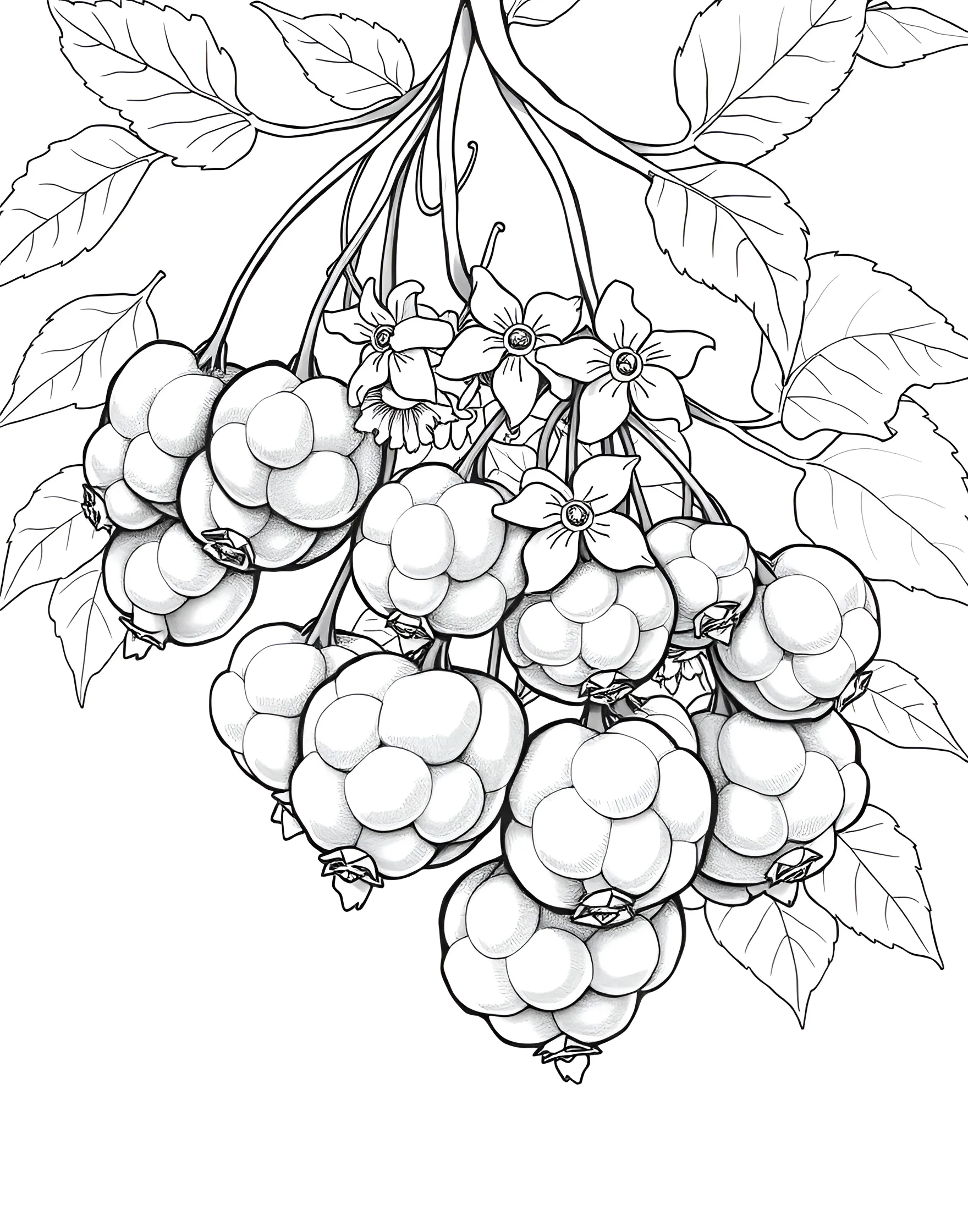 Gooseberry Gala Coloring Page -- prompt: "Clusters of gooseberries on branches with gooseberry leaves and flowers." -- Celebrate the humble gooseberry with this charming coloring page. Clusters of small, round gooseberries hang from delicate branches, their translucent quality offering an interesting coloring challenge. Gooseberry leaves and flowers add detail and depth to the composition.