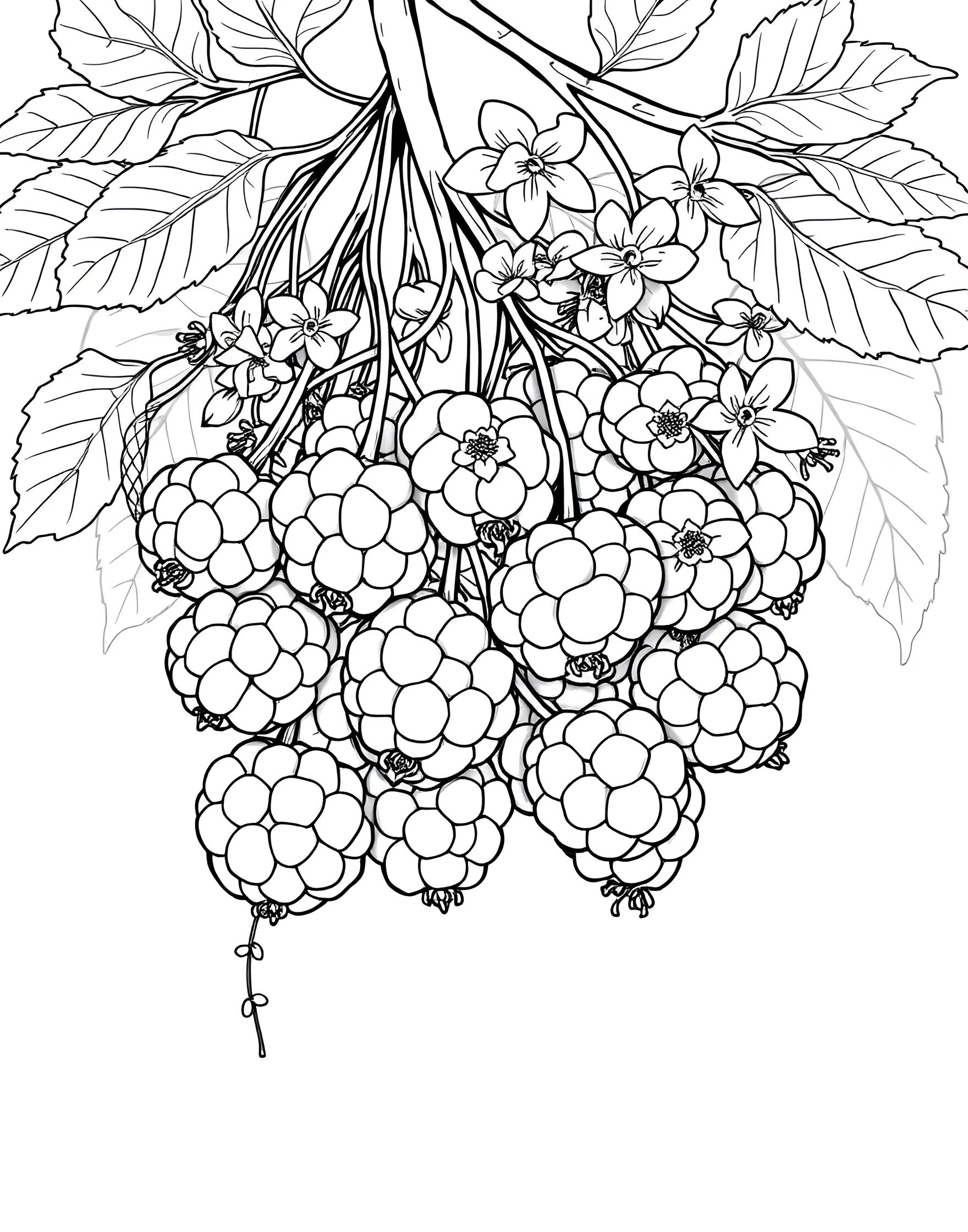 Gooseberry Gala Coloring Page -- prompt: "Clusters of gooseberries on branches with gooseberry leaves and flowers." -- Celebrate the humble gooseberry with this charming coloring page. Clusters of small, round gooseberries hang from delicate branches, their translucent quality offering an interesting coloring challenge. Gooseberry leaves and flowers add detail and depth to the composition.