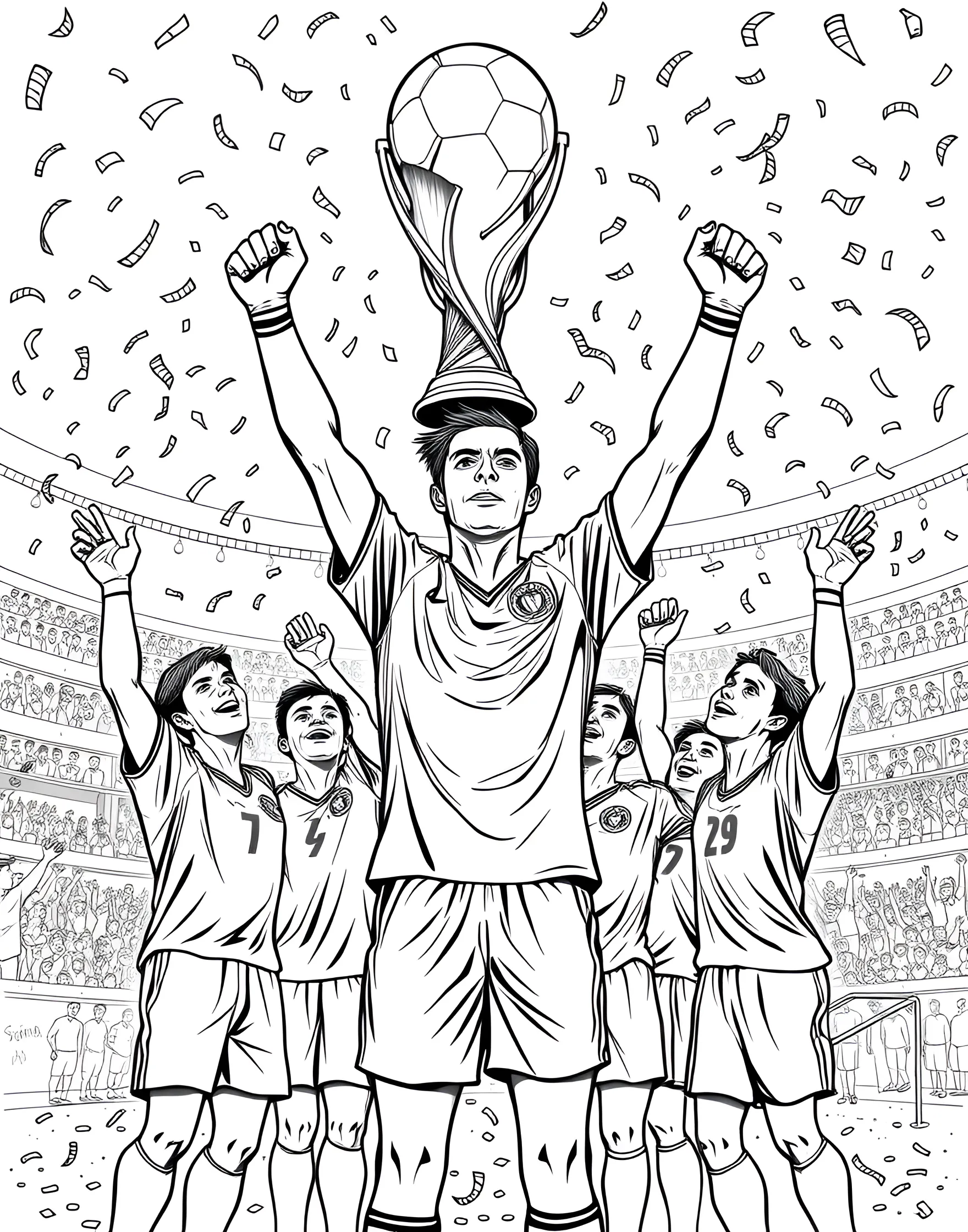 World Cup Trophy Celebration Coloring Page -- prompt: "A soccer player lifting the World Cup trophy amidst confetti and celebrating teammates." -- This exciting coloring page captures the thrill of winning the World Cup. It features a jubilant player holding the iconic trophy high above their head, surrounded by confetti and cheering teammates. The detailed expressions and dynamic poses make this page a joy to color and bring to life.