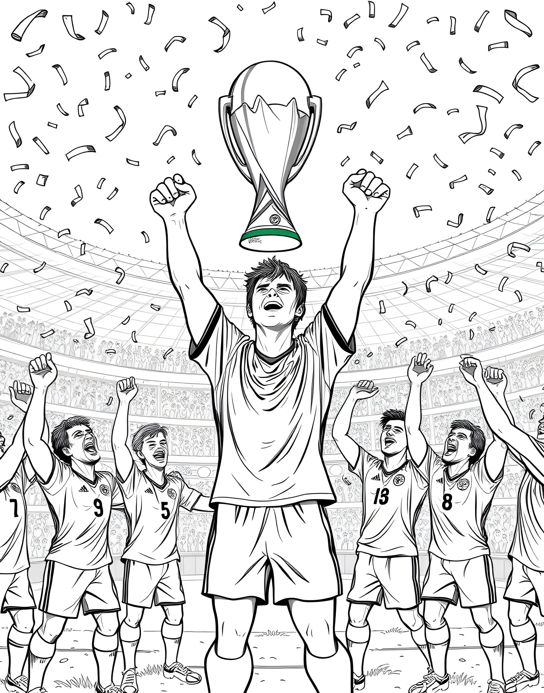 World Cup Trophy Celebration Coloring Page -- prompt: "A soccer player lifting the World Cup trophy amidst confetti and celebrating teammates." -- This exciting coloring page captures the thrill of winning the World Cup. It features a jubilant player holding the iconic trophy high above their head, surrounded by confetti and cheering teammates. The detailed expressions and dynamic poses make this page a joy to color and bring to life.