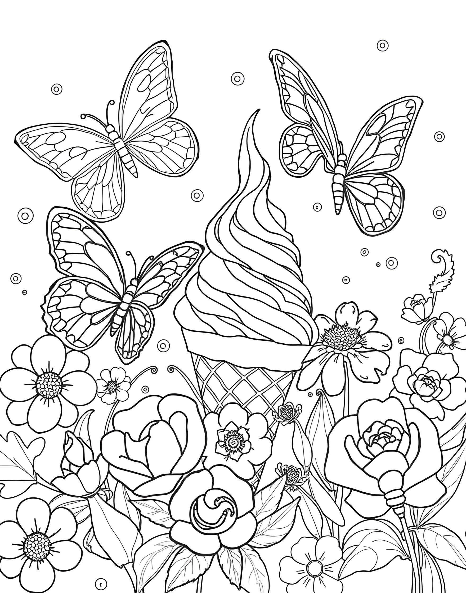 Ice Cream Cone Butterfly Garden Coloring Page -- prompt: "A garden full of butterflies with ice cream and waffle cone patterned wings, flying among flowers shaped like ice cream scoops." -- Flutter into this whimsical ice cream cone butterfly garden. Butterflies with wings patterned like waffle cones and ice cream swirls dance among flowers shaped like ice cream scoops. This delightful scene offers a perfect blend of nature and dessert themes for creative coloring.