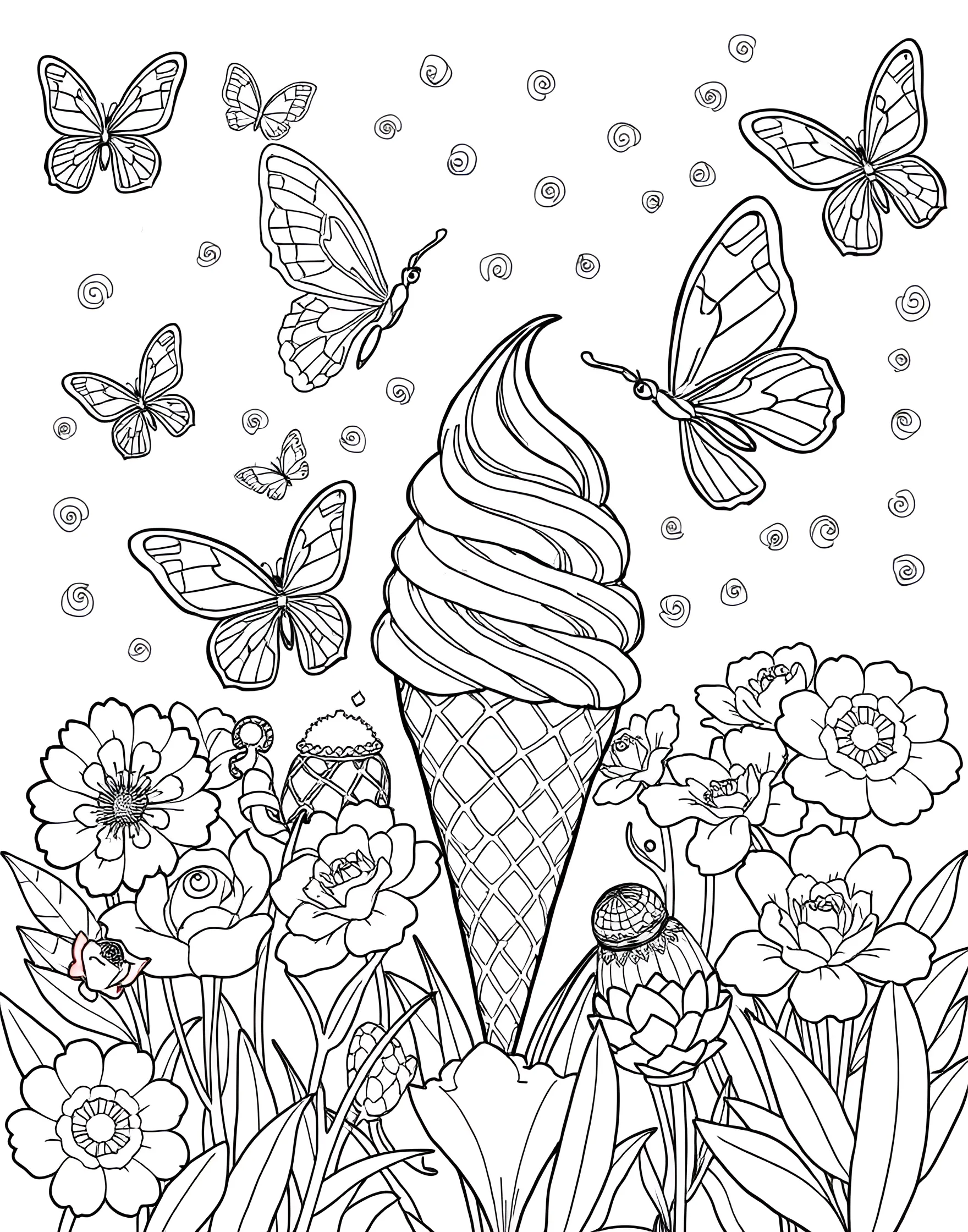 Ice Cream Cone Butterfly Garden Coloring Page -- prompt: "A garden full of butterflies with ice cream and waffle cone patterned wings, flying among flowers shaped like ice cream scoops." -- Flutter into this whimsical ice cream cone butterfly garden. Butterflies with wings patterned like waffle cones and ice cream swirls dance among flowers shaped like ice cream scoops. This delightful scene offers a perfect blend of nature and dessert themes for creative coloring.