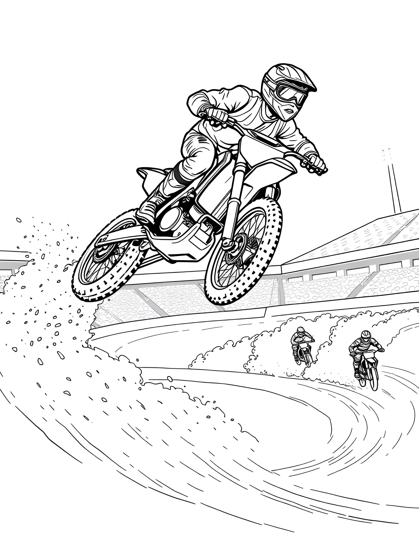 Motocross Racing Coloring Page -- prompt: "A motocross rider mid-jump on a dirt track with other racers in the background." -- Feel the rush of excitement with this motocross racing coloring page. A daring rider soars through the air on a dirt bike, performing an impressive jump. Boys who love motorcycles and extreme sports will be thrilled to add their personal touch to this high-octane scene.