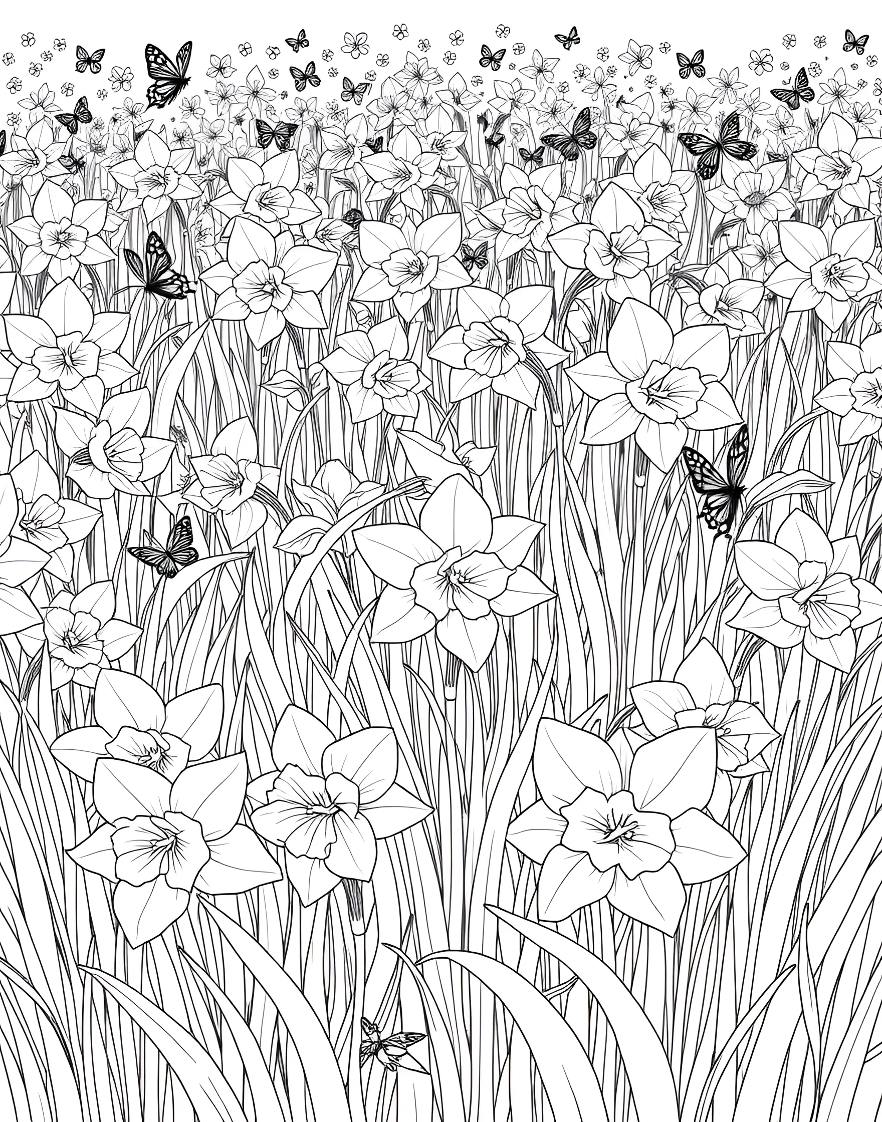 Delightful Daffodil Field Coloring Page -- prompt: "A field of daffodils in bloom, with their distinctive trumpet-shaped flowers." -- Welcome spring with this delightful daffodil field coloring page. Cheerful daffodils with their trumpet-shaped centers dot a rolling landscape, inviting a burst of yellow or creative color choices. This page is perfect for capturing the essence of early spring and the joy of new beginnings.