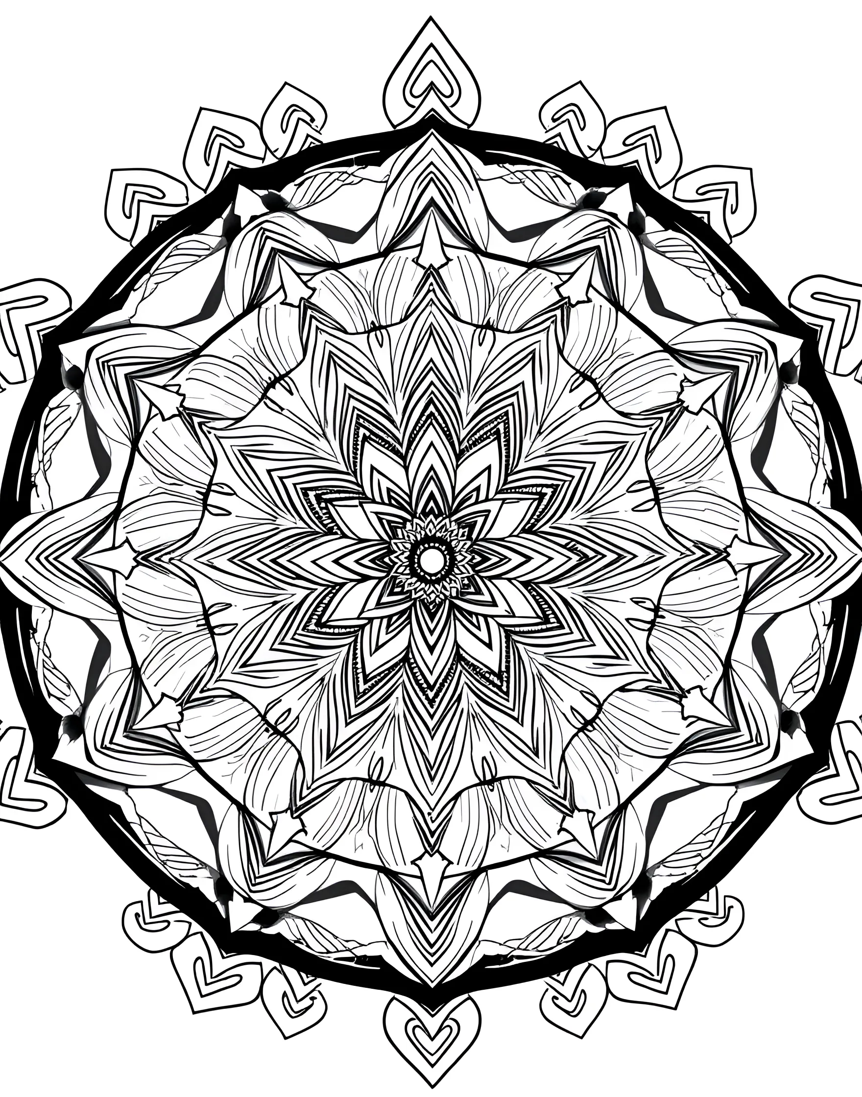 Sacred Geometry Mandala Coloring Page -- prompt: "A mandala composed of various sacred geometry elements, including intersecting circles, triangles, and other precise geometric shapes." -- Explore the mysteries of sacred geometry with this complex mandala. Intersecting circles, triangles, and other shapes create a mesmerizing pattern that seems to pulse with energy. This page is perfect for those who love precision and mathematical beauty.