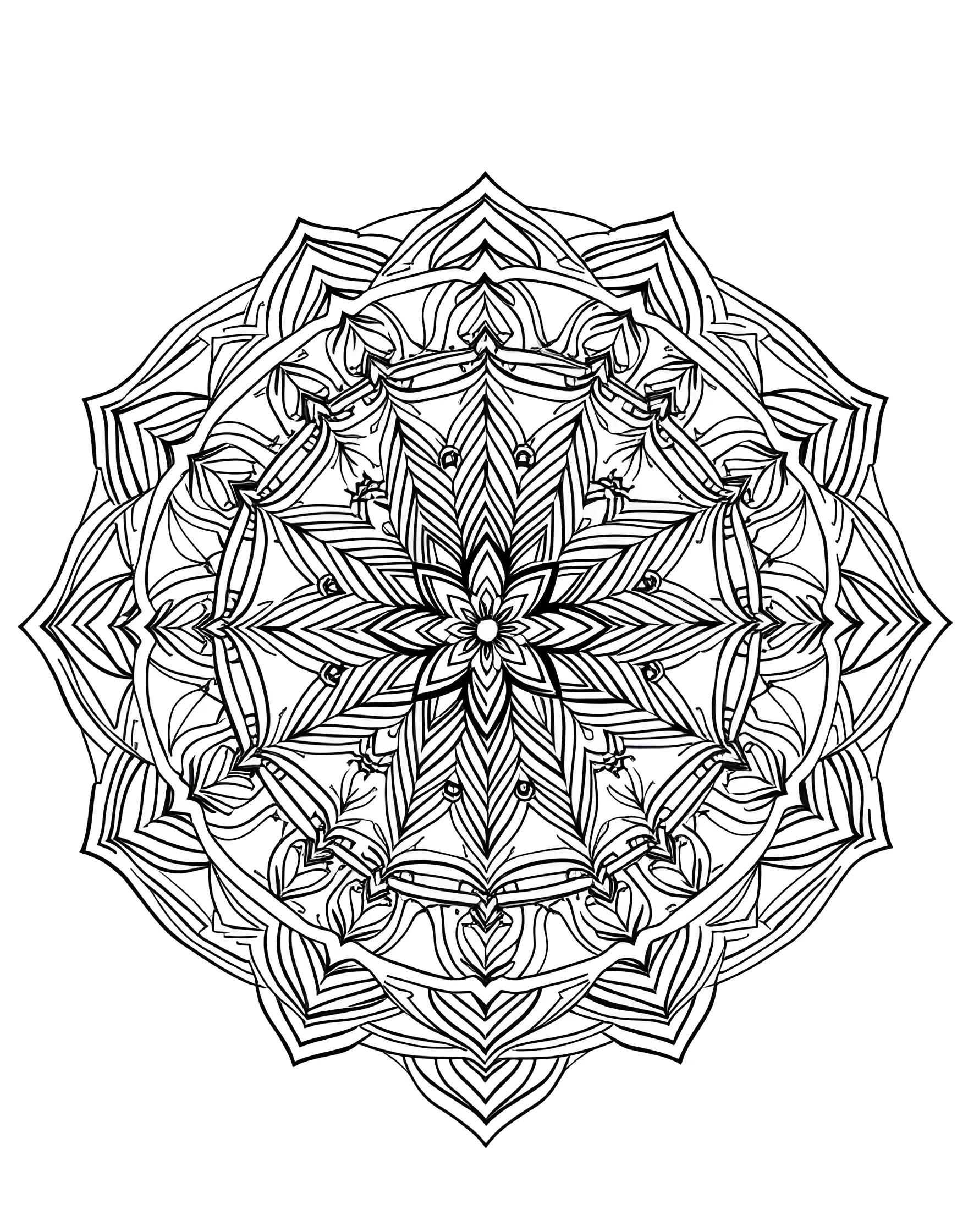 Sacred Geometry Mandala Coloring Page -- prompt: "A mandala composed of various sacred geometry elements, including intersecting circles, triangles, and other precise geometric shapes." -- Explore the mysteries of sacred geometry with this complex mandala. Intersecting circles, triangles, and other shapes create a mesmerizing pattern that seems to pulse with energy. This page is perfect for those who love precision and mathematical beauty.