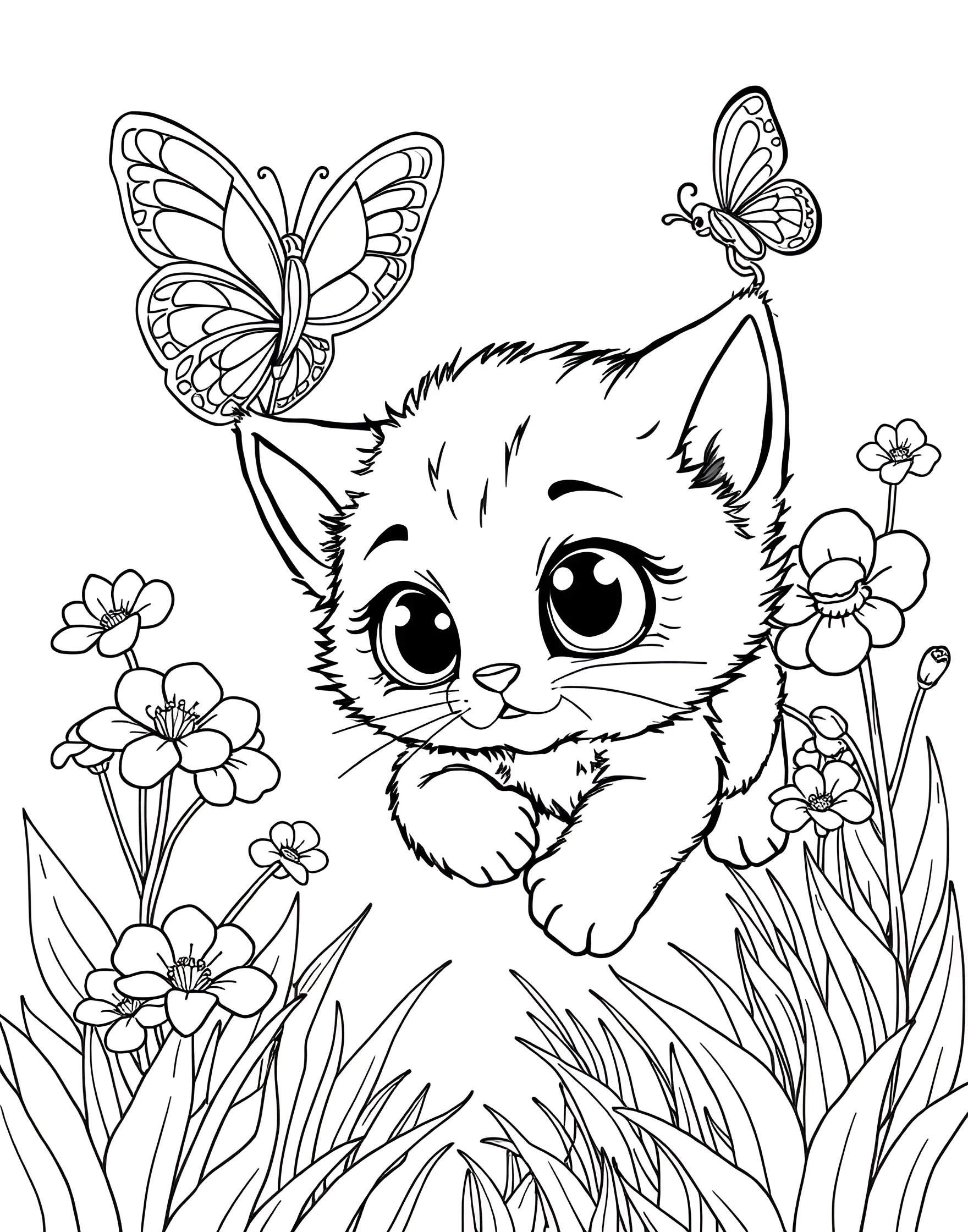 Curious Kitten Chasing a Butterfly Coloring Page -- prompt: "A cartoon kitten with big eyes pouncing after a colorful butterfly in a garden with flowers and grass." -- This charming coloring page depicts an inquisitive kitten playfully chasing a fluttering butterfly. The kitten's wide eyes and outstretched paws convey its excitement and wonder. Cat lovers will adore adding vibrant colors to this whimsical and lighthearted scene.