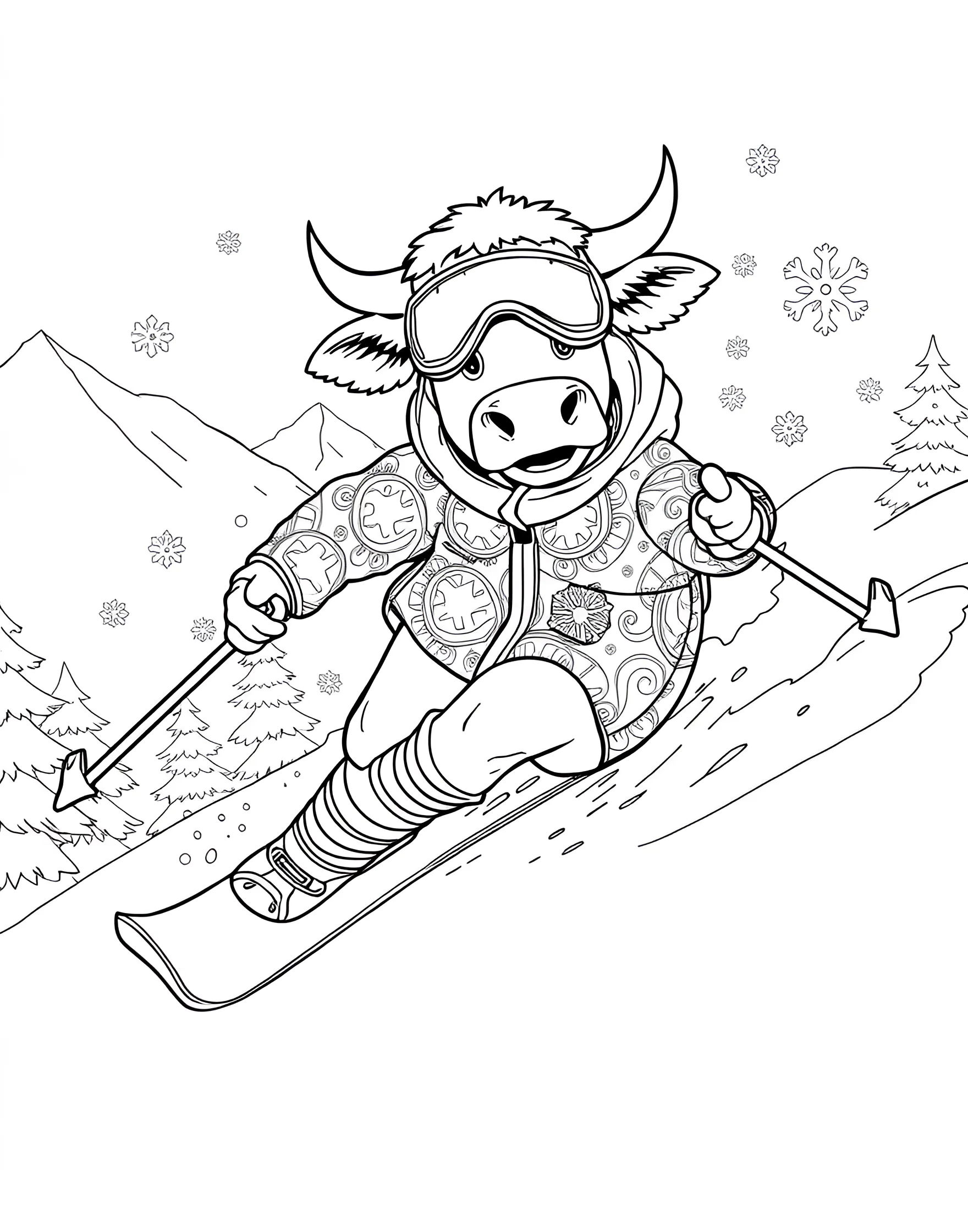 Cow Skiing Down a Snowy Mountain Coloring Page -- prompt: "A cow skiing down a snowy mountain slope wearing winter gear." -- Hit the slopes with this exciting cow skiing coloring page. It features a daring cow zooming down a snowy mountain on skis, complete with winter gear and a scenic mountain backdrop. This page is perfect for winter sports enthusiasts and those who love action-packed coloring scenes.