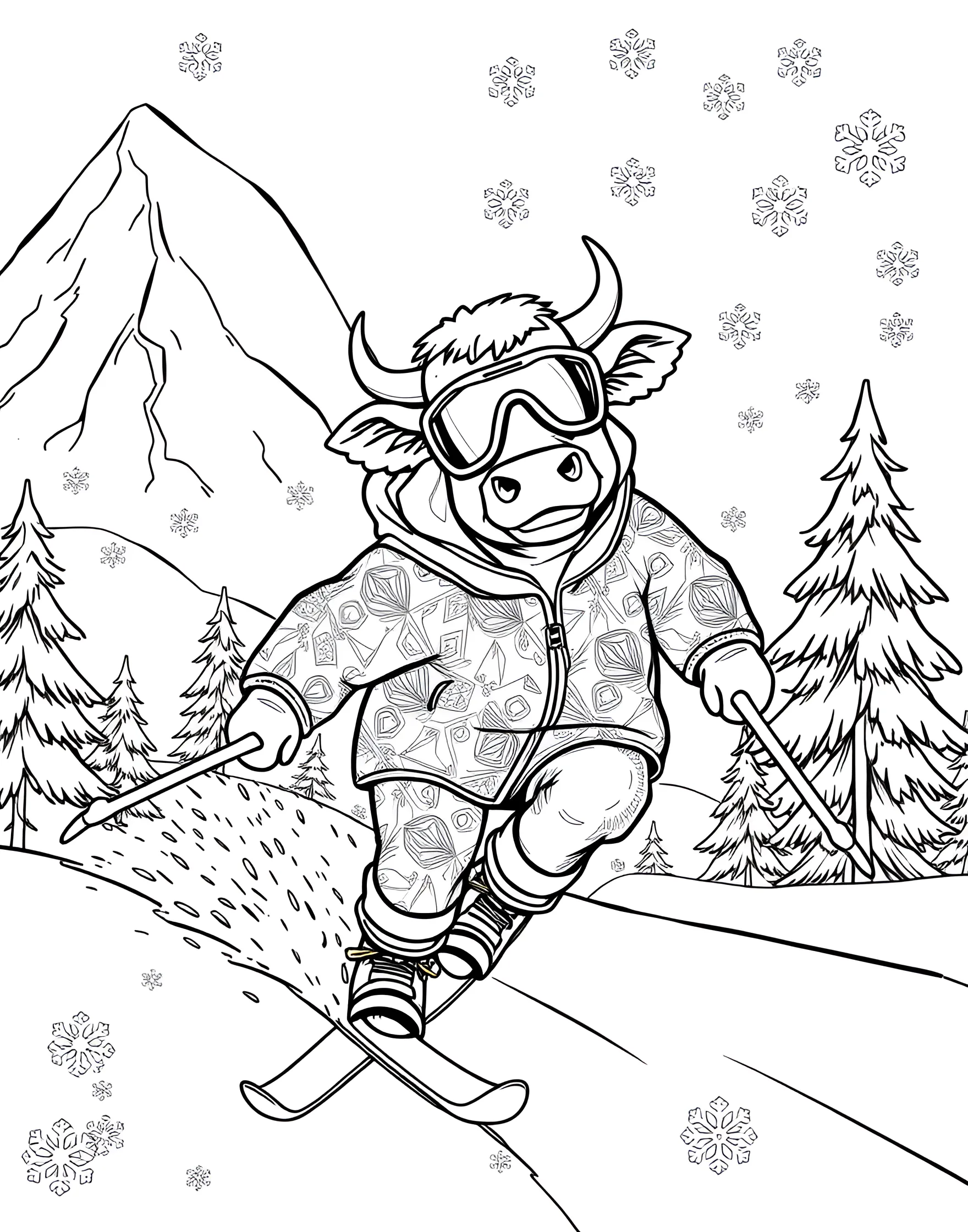 Cow Skiing Down a Snowy Mountain Coloring Page -- prompt: "A cow skiing down a snowy mountain slope wearing winter gear." -- Hit the slopes with this exciting cow skiing coloring page. It features a daring cow zooming down a snowy mountain on skis, complete with winter gear and a scenic mountain backdrop. This page is perfect for winter sports enthusiasts and those who love action-packed coloring scenes.