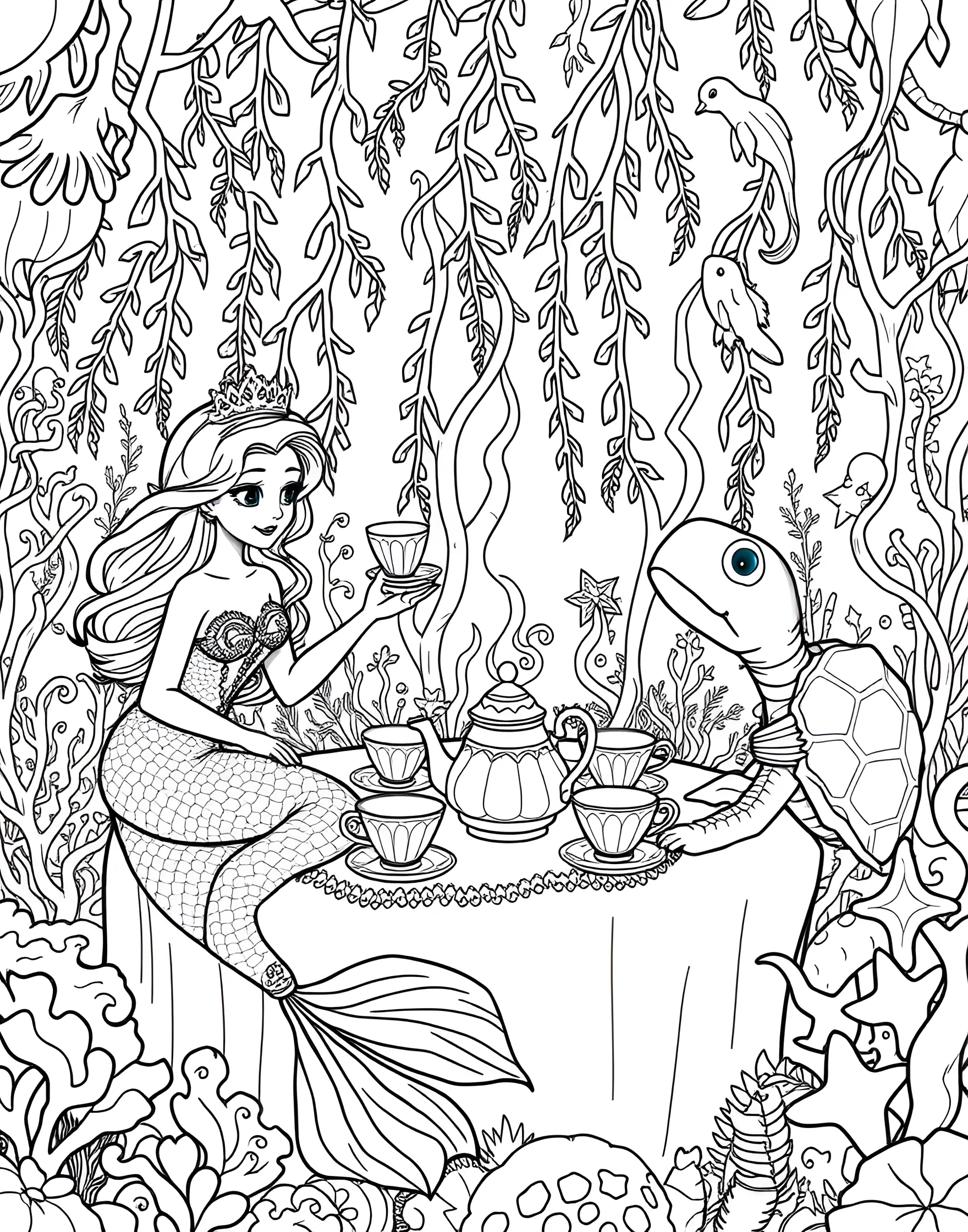 Mermaid's Underwater Tea Party Coloring Page -- prompt: "A cute mermaid having a tea party underwater with fish friends and sea life." -- Dive beneath the waves with this whimsical coloring page featuring a cute mermaid hosting an underwater tea party. Seated on a giant seashell, she's surrounded by fish friends, bubbling teapots, and marine plant life. This page combines the charm of tea parties with the magic of the underwater world for a truly unique coloring experience.