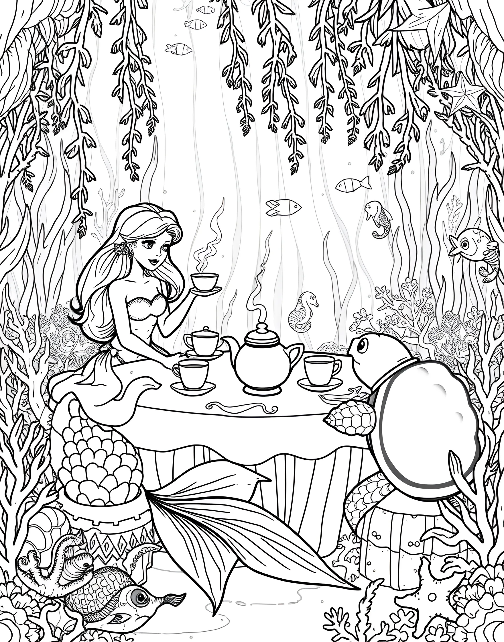 Mermaid's Underwater Tea Party Coloring Page -- prompt: "A cute mermaid having a tea party underwater with fish friends and sea life." -- Dive beneath the waves with this whimsical coloring page featuring a cute mermaid hosting an underwater tea party. Seated on a giant seashell, she's surrounded by fish friends, bubbling teapots, and marine plant life. This page combines the charm of tea parties with the magic of the underwater world for a truly unique coloring experience.