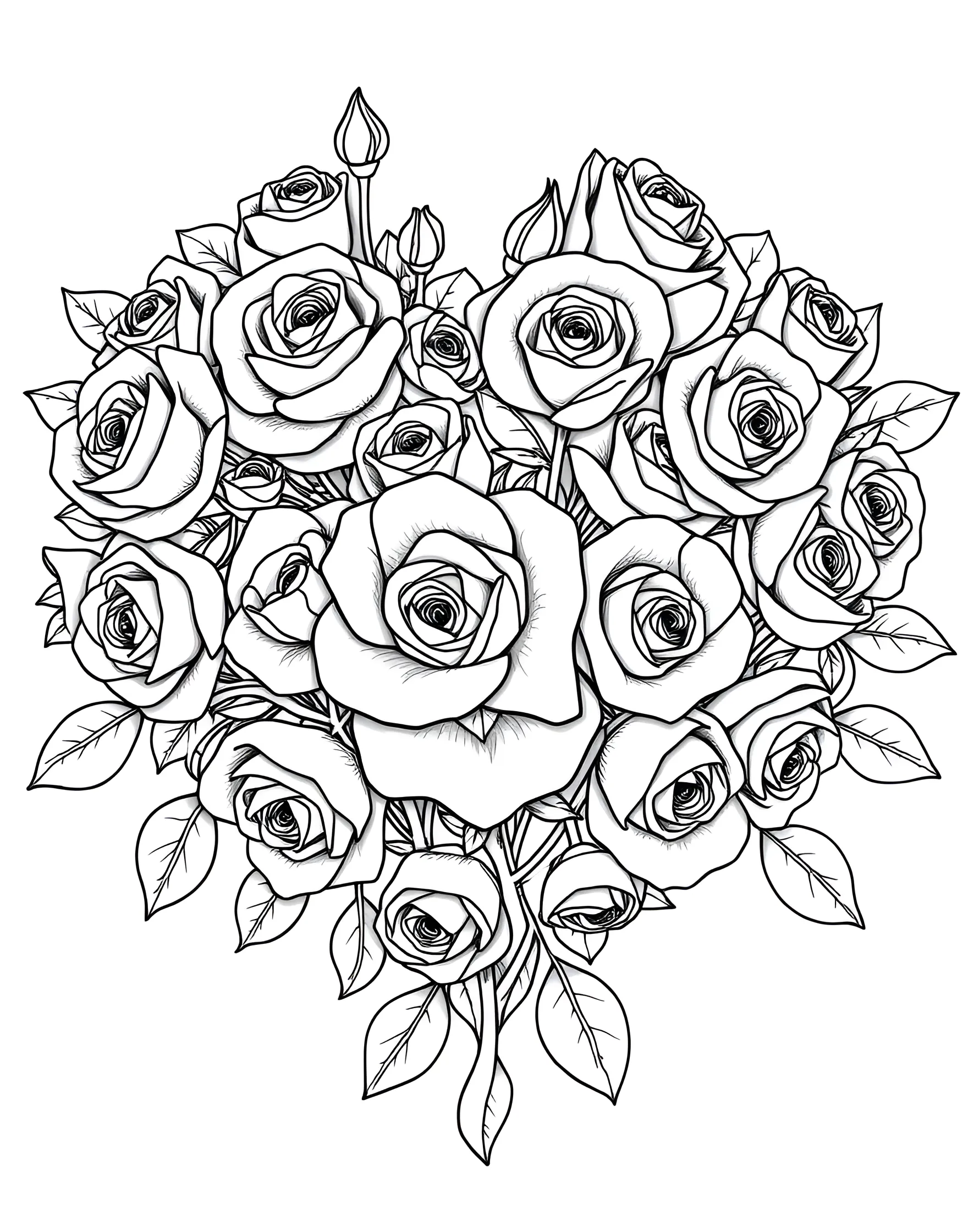 Romantic Rose Heart Coloring Page -- prompt: "A heart shape made entirely of roses in different stages of bloom." -- This elegant coloring page showcases a heart composed entirely of beautifully drawn roses in various stages of bloom. The delicate petals and leaves create a lush, romantic design that's perfect for Valentine's Day or any occasion celebrating love. Colorists can bring this page to life with a palette of reds, pinks, and greens, or let their imagination run wild with unique color combinations.