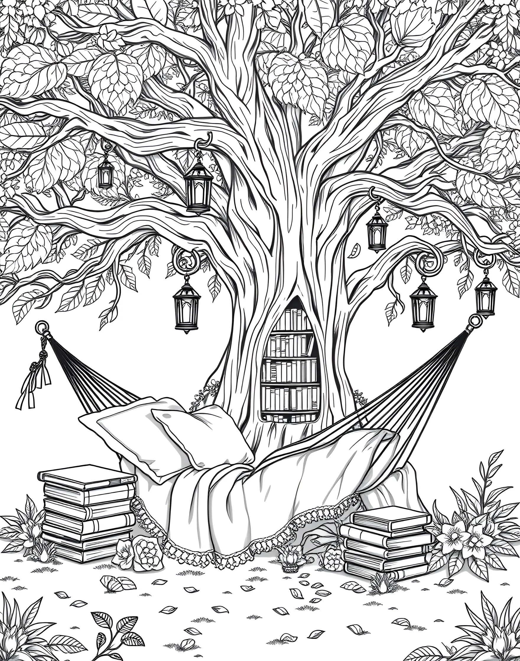 Summer Reading Nook Coloring Page -- prompt: "A cozy outdoor reading nook under a tree with books, pillows, and blankets." -- Escape into a good book with this cozy summer reading scene. A comfortable outdoor nook is set up under a tree, complete with pillows, blankets, and a stack of books. This page celebrates the joy of summer reading and relaxation.