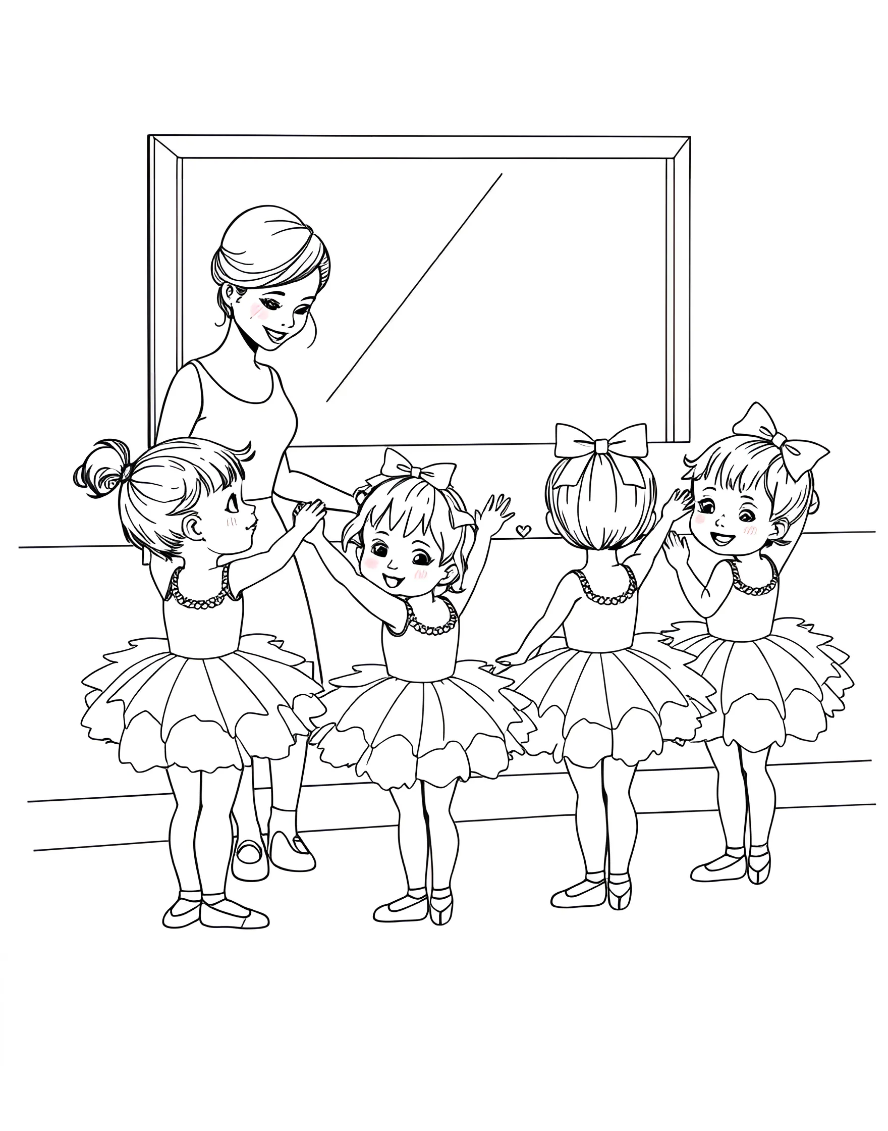 Baby's First Ballet Class Coloring Page -- prompt: "A group of toddlers in tutus attempting their first ballet positions, with a kind teacher guiding them." -- This adorable coloring page features a toddler's first ballet class. It shows tiny dancers attempting basic positions with the help of a patient teacher. The sweet, slightly clumsy poses of the little ones offer a heartwarming scene to color.