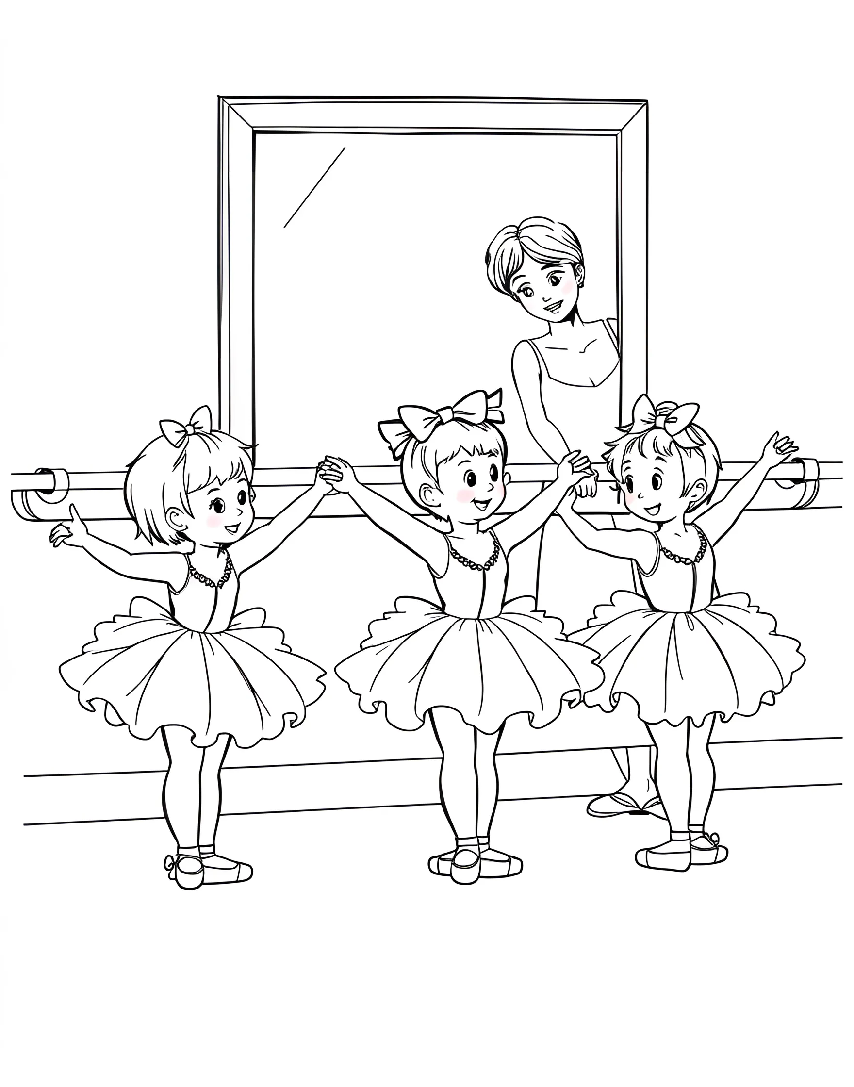 Baby's First Ballet Class Coloring Page -- prompt: "A group of toddlers in tutus attempting their first ballet positions, with a kind teacher guiding them." -- This adorable coloring page features a toddler's first ballet class. It shows tiny dancers attempting basic positions with the help of a patient teacher. The sweet, slightly clumsy poses of the little ones offer a heartwarming scene to color.