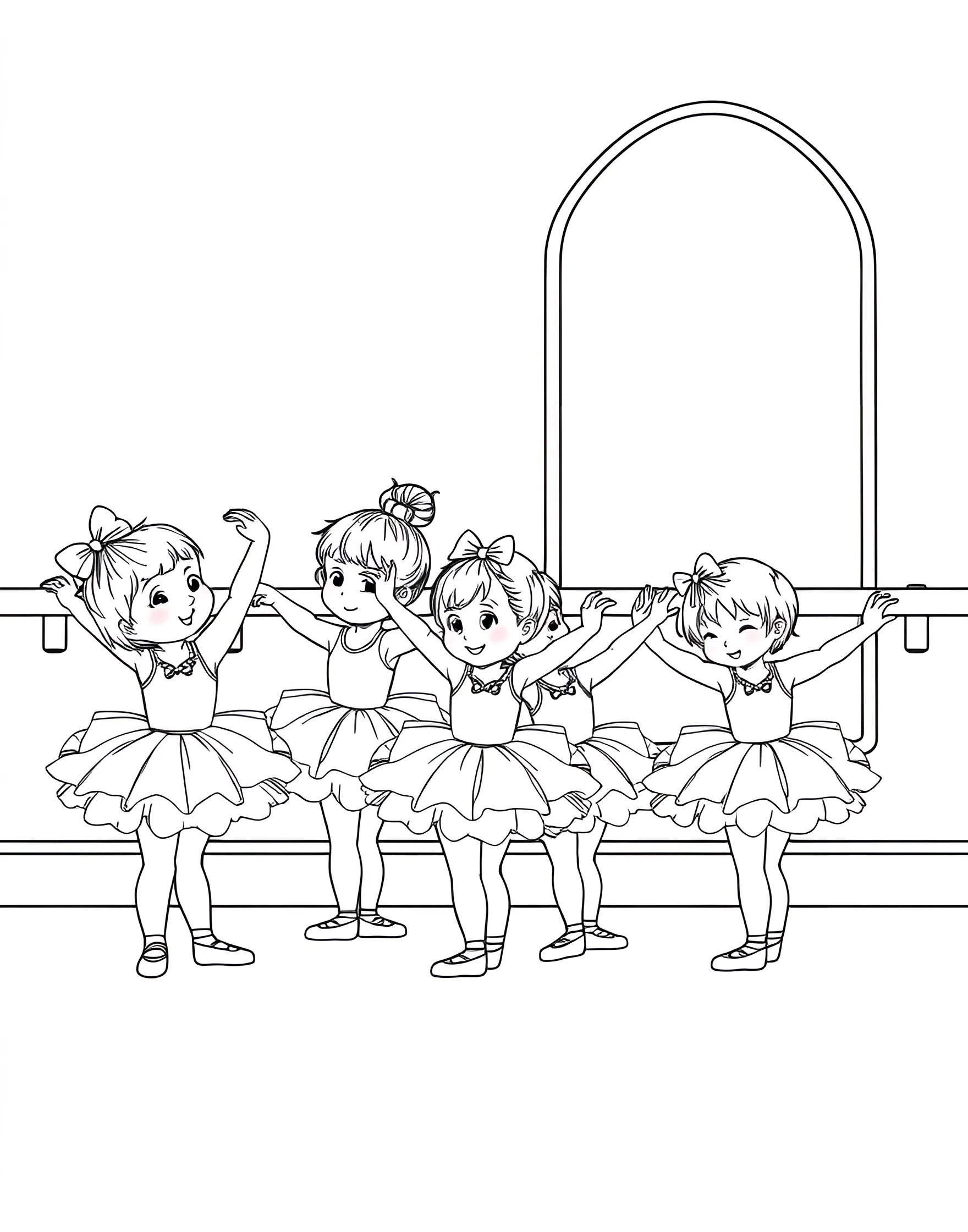 Baby's First Ballet Class Coloring Page -- prompt: "A group of toddlers in tutus attempting their first ballet positions, with a kind teacher guiding them." -- This adorable coloring page features a toddler's first ballet class. It shows tiny dancers attempting basic positions with the help of a patient teacher. The sweet, slightly clumsy poses of the little ones offer a heartwarming scene to color.