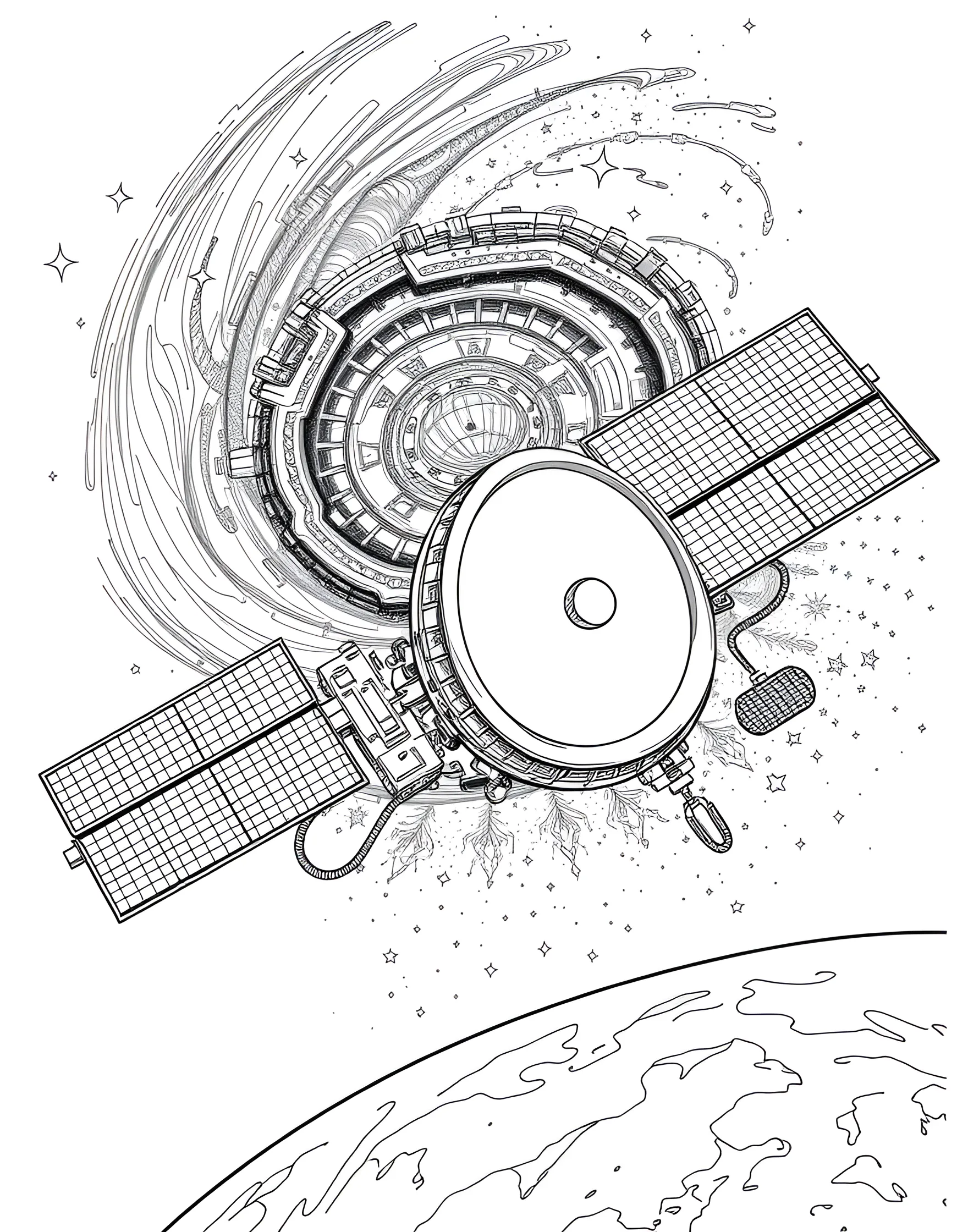 Space Telescope Discovery Coloring Page -- prompt: "A large space telescope orbiting Earth, with a spectacular galaxy visible in the background being observed." -- Celebrate the wonders of space observation with this space telescope coloring page. The page showcases a large, detailed space telescope orbiting Earth, its mirror array and solar panels clearly visible. In the background, a spectacular galaxy is being observed, highlighting the telescope's incredible capabilities.