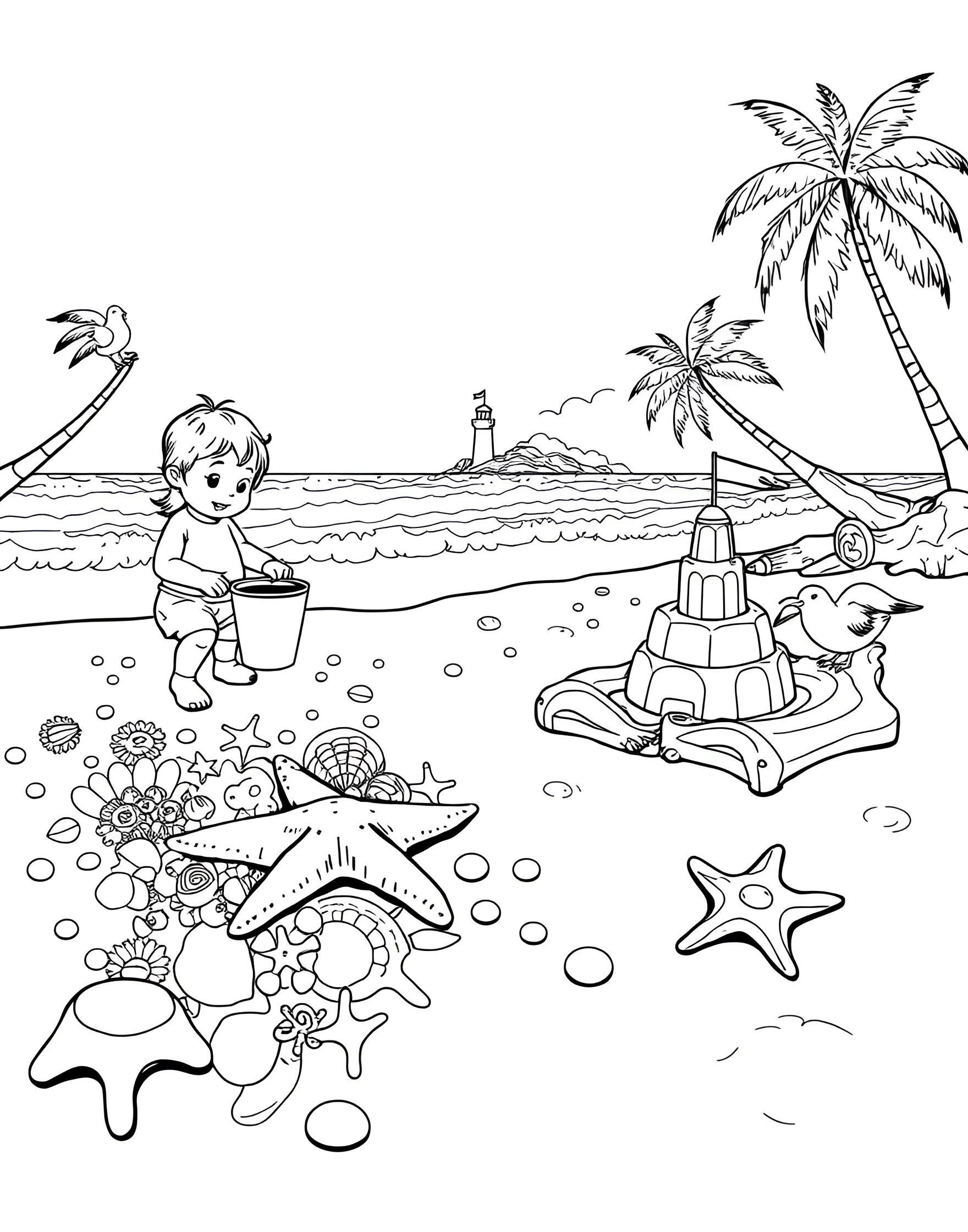 Beachcombing Treasures Coloring Page -- prompt: "A collection of seashells and beach treasures on the sand with a child exploring and seagulls nearby." -- Discover the joys of beachcombing with this intricate coloring page. The scene showcases a variety of seashells, starfish, and other beach treasures scattered across the sand. A curious child examines their finds, while seagulls search for their own treasures nearby.