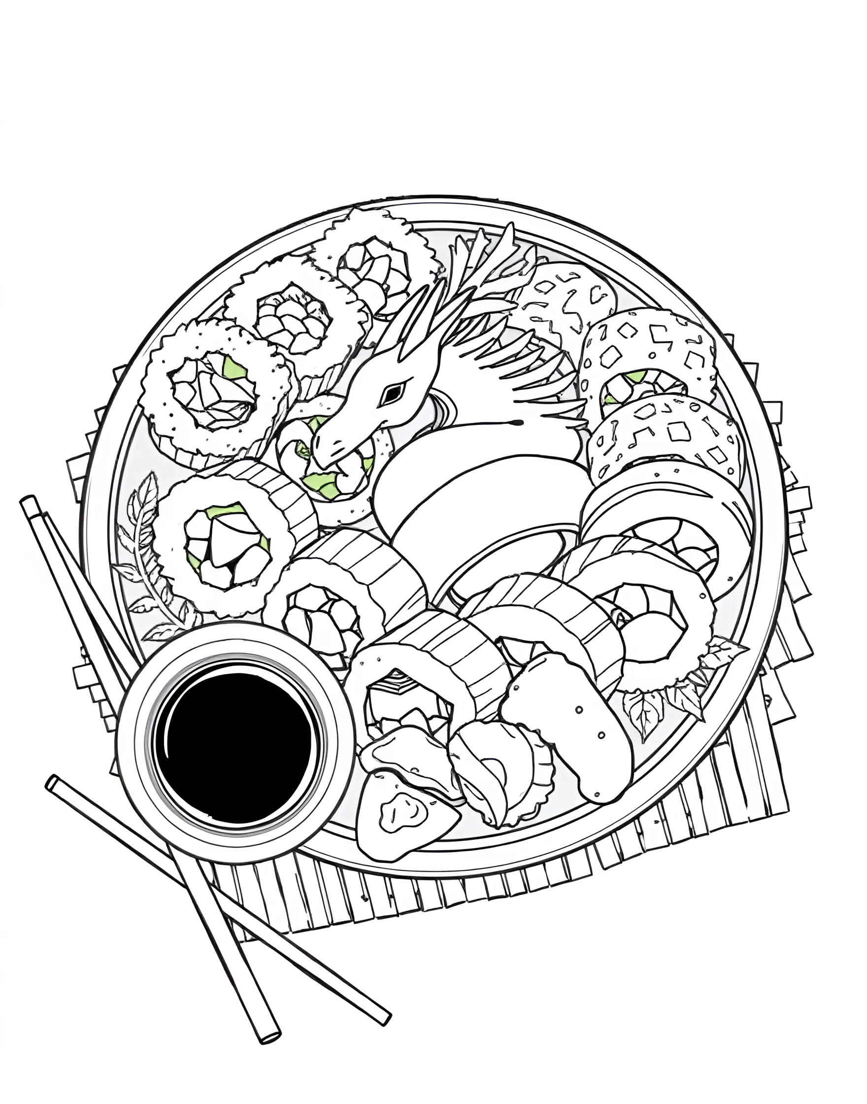 Sushi Roll Sensation Coloring Page -- prompt: "A plate of various sushi rolls with chopsticks and soy sauce on the side." -- Dive into the world of Japanese cuisine with this sushi roll coloring page. The page displays a variety of sushi rolls, showcasing different fillings and arrangements. It's an excellent opportunity to learn about this popular dish while enjoying a relaxing coloring session.