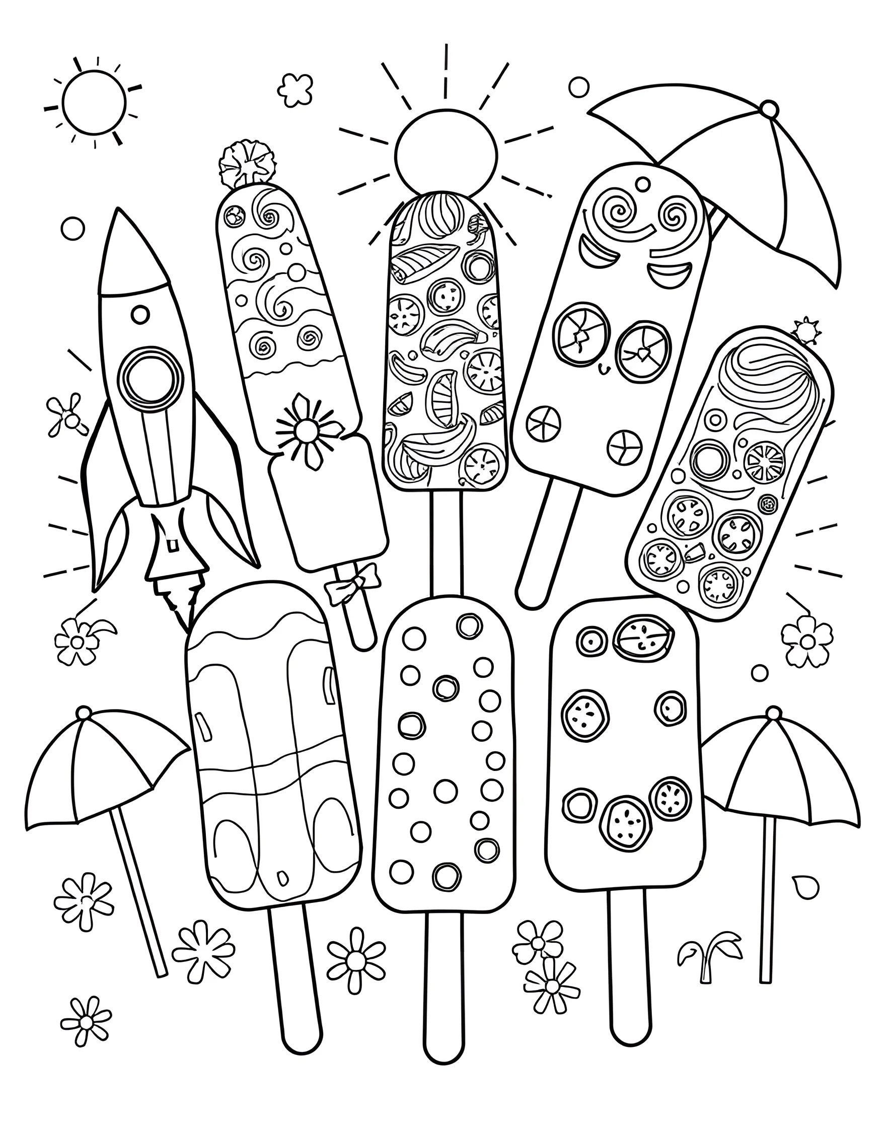 Popsicle Paradise Coloring Page -- prompt: "An assortment of different shaped and flavored popsicles arranged in a fun, summer-themed pattern." -- Escape to a frozen treat wonderland with this popsicle paradise coloring page. A variety of colorful, uniquely shaped popsicles create a fun and vibrant scene. This page is ideal for experimenting with bold color choices and practicing smooth coloring techniques on larger areas.