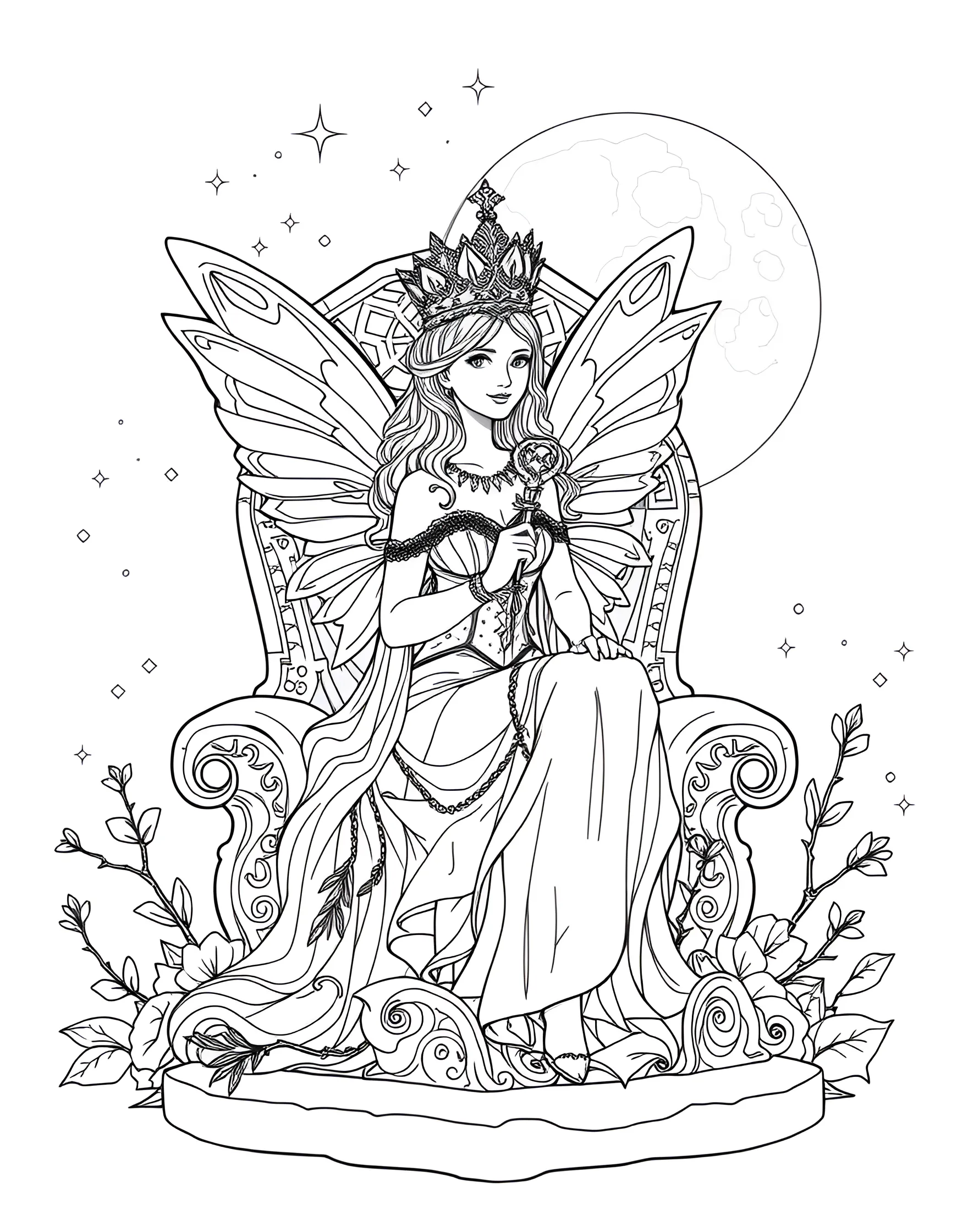 Fairy Queen's Moonlit Throne Coloring Page -- prompt: "A Fairy Queen sitting on an ornate throne under a full moon, surrounded by twinkling fireflies and stars." -- Behold the majestic Fairy Queen seated on her ornate throne under the light of a full moon. Her elaborate crown and flowing gown are adorned with intricate designs, while fireflies and stars twinkle in the background. This regal scene offers a wonderful opportunity to experiment with cool, ethereal colors.