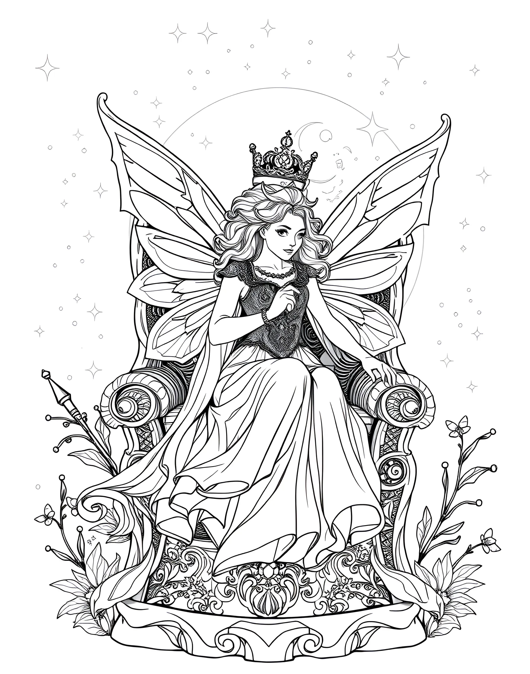 Fairy Queen's Moonlit Throne Coloring Page -- prompt: "A Fairy Queen sitting on an ornate throne under a full moon, surrounded by twinkling fireflies and stars." -- Behold the majestic Fairy Queen seated on her ornate throne under the light of a full moon. Her elaborate crown and flowing gown are adorned with intricate designs, while fireflies and stars twinkle in the background. This regal scene offers a wonderful opportunity to experiment with cool, ethereal colors.