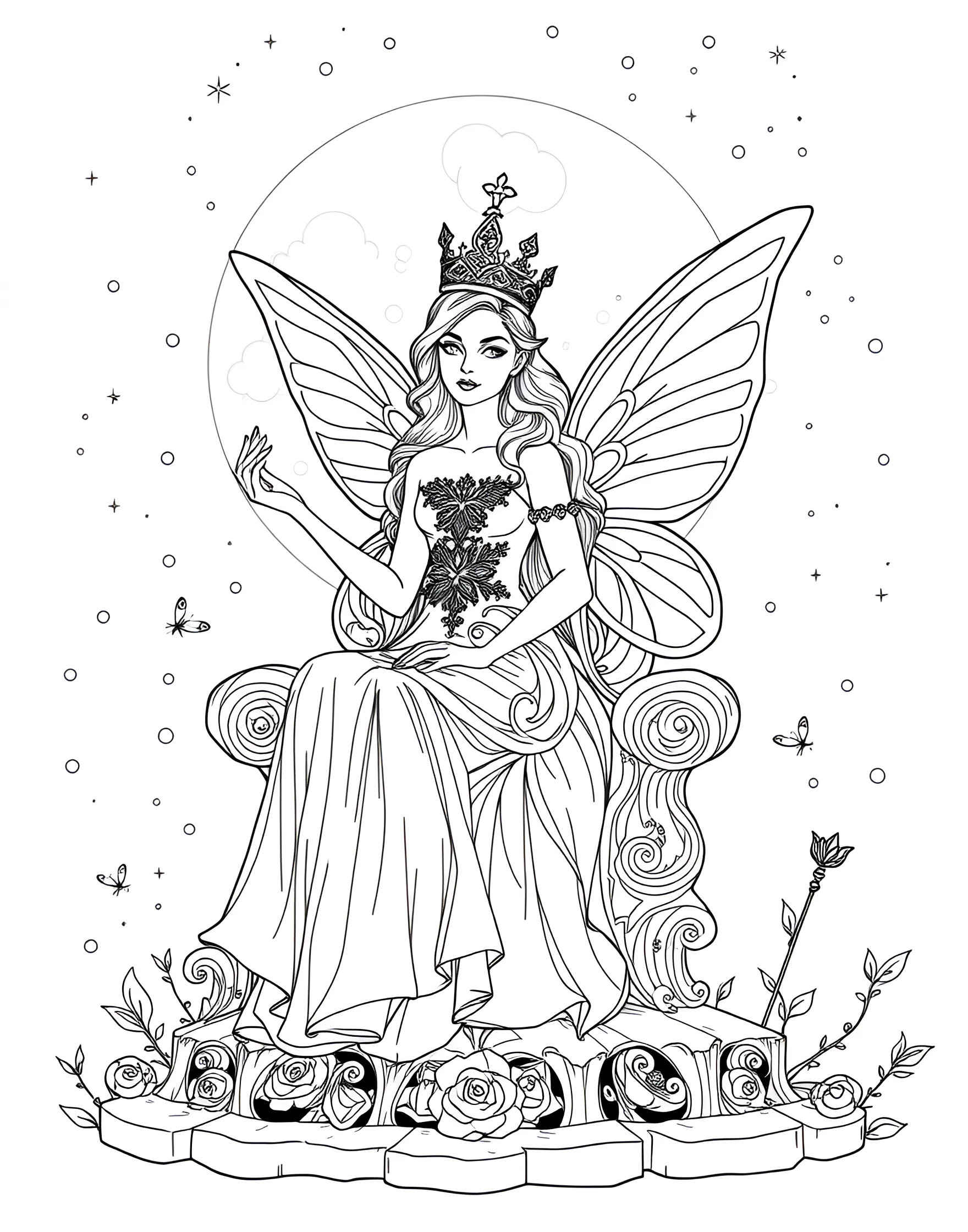 Fairy Queen's Moonlit Throne Coloring Page -- prompt: "A Fairy Queen sitting on an ornate throne under a full moon, surrounded by twinkling fireflies and stars." -- Behold the majestic Fairy Queen seated on her ornate throne under the light of a full moon. Her elaborate crown and flowing gown are adorned with intricate designs, while fireflies and stars twinkle in the background. This regal scene offers a wonderful opportunity to experiment with cool, ethereal colors.