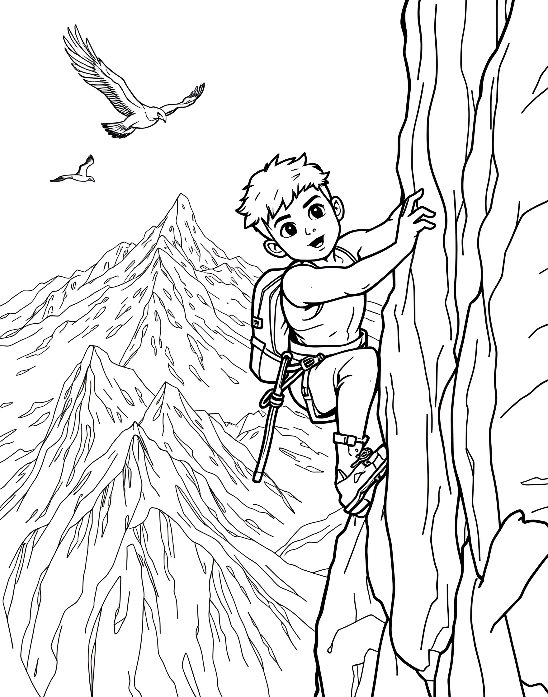 Extreme Rock Climbing Coloring Page -- prompt: "A rock climber scaling a steep cliff face with dramatic landscape in the background." -- Scale new heights with this extreme rock climbing coloring page. A skilled climber tackles a challenging cliff face, demonstrating strength and bravery. Boys who admire outdoor adventures and physical challenges will enjoy bringing this thrilling scene to life with color.