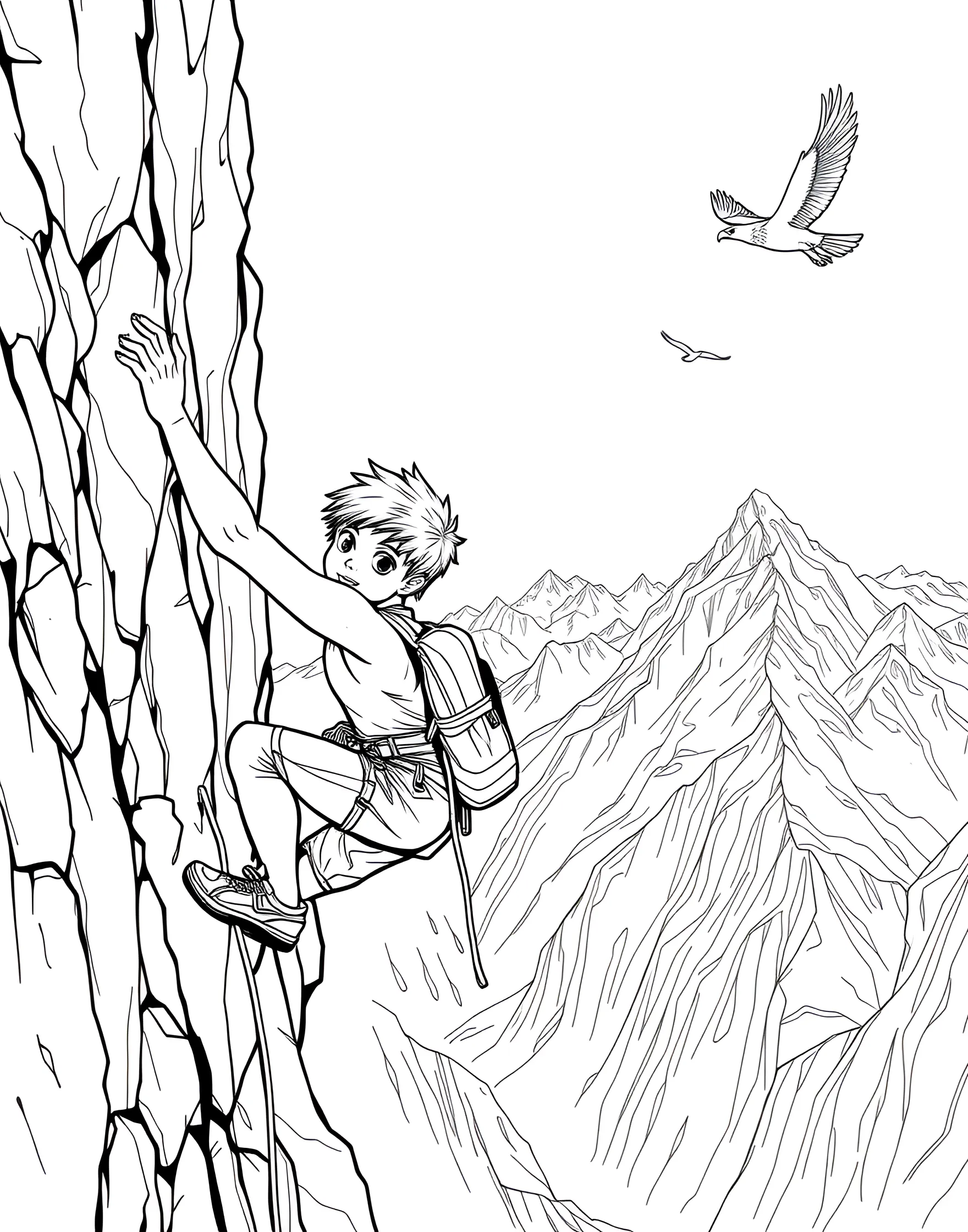 Extreme Rock Climbing Coloring Page -- prompt: "A rock climber scaling a steep cliff face with dramatic landscape in the background." -- Scale new heights with this extreme rock climbing coloring page. A skilled climber tackles a challenging cliff face, demonstrating strength and bravery. Boys who admire outdoor adventures and physical challenges will enjoy bringing this thrilling scene to life with color.