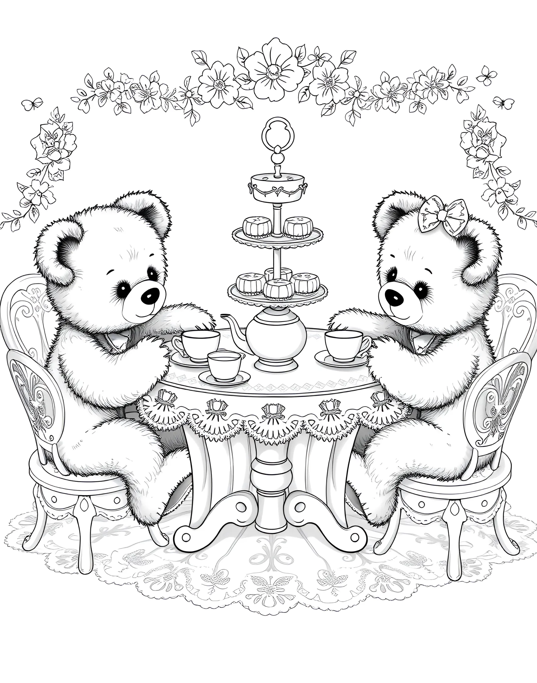 Teddy Bear Tea Party Coloring Page -- prompt: "A group of teddy bears having a tea party with a small table, cups, and treats." -- Indulge in a bit of childhood nostalgia with this charming teddy bear tea party coloring page. Several stuffed bears are seated around a small table, complete with a tea set and tasty treats. This whimsical scene is perfect for young children or anyone who enjoys a touch of imaginative play.