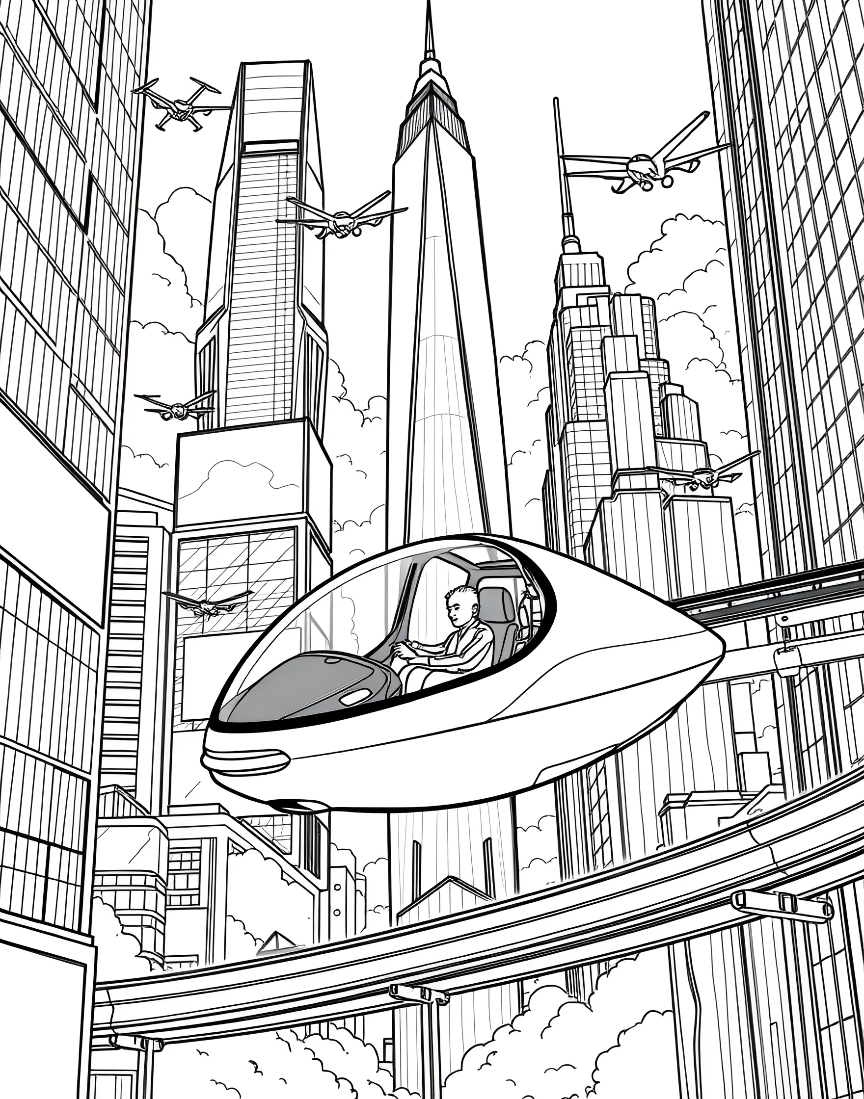 Futuristic Hover Car in a Sci-Fi City Coloring Page -- prompt: "A futuristic hover car floating in a sci-fi city with tall buildings and flying vehicles." -- Let your imagination soar with this futuristic coloring page featuring a sleek hover car. The vehicle is depicted floating above the streets of a high-tech cityscape, complete with towering skyscrapers and flying drones. This page is perfect for young visionaries and science fiction enthusiasts.