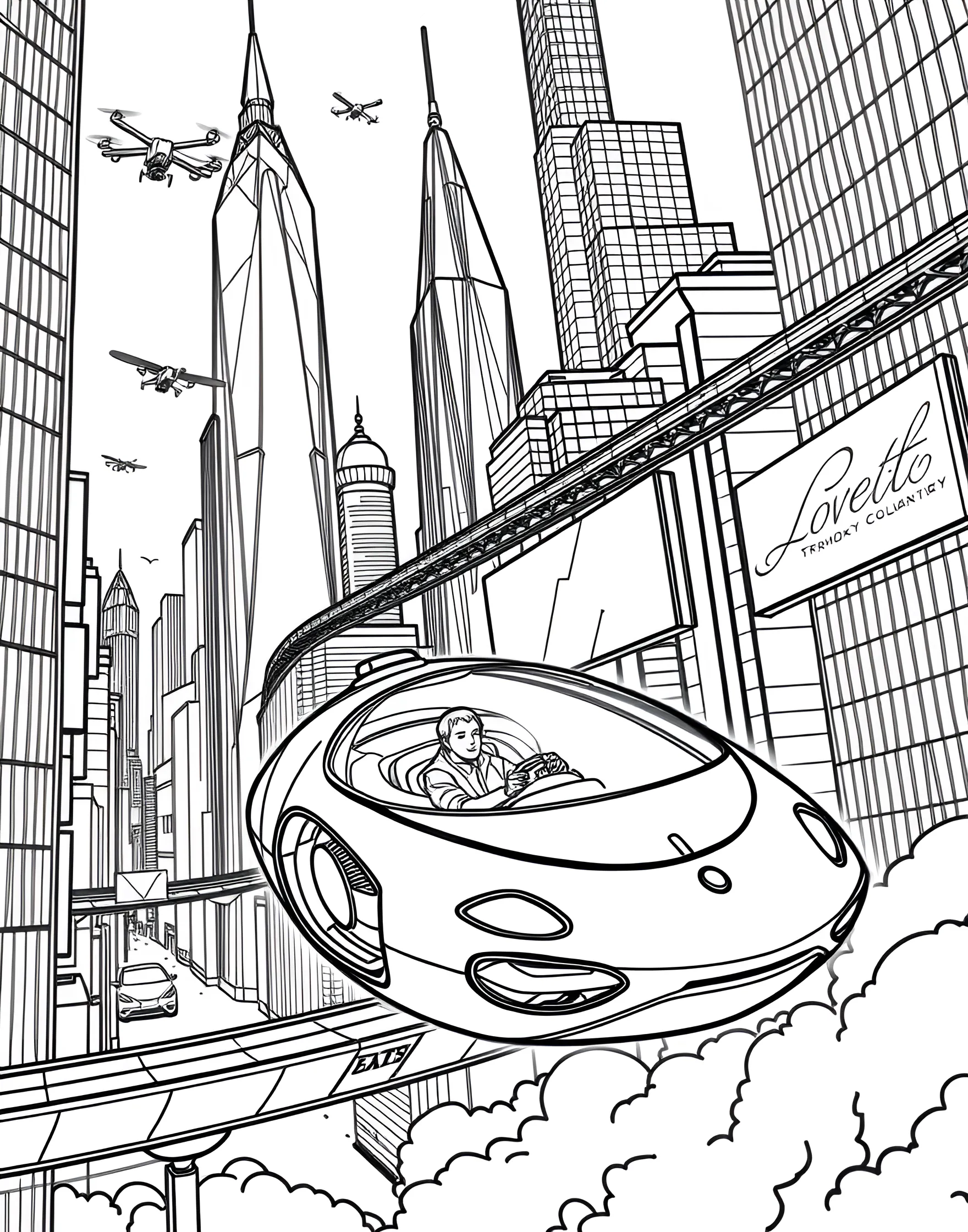 Futuristic Hover Car in a Sci-Fi City Coloring Page -- prompt: "A futuristic hover car floating in a sci-fi city with tall buildings and flying vehicles." -- Let your imagination soar with this futuristic coloring page featuring a sleek hover car. The vehicle is depicted floating above the streets of a high-tech cityscape, complete with towering skyscrapers and flying drones. This page is perfect for young visionaries and science fiction enthusiasts.