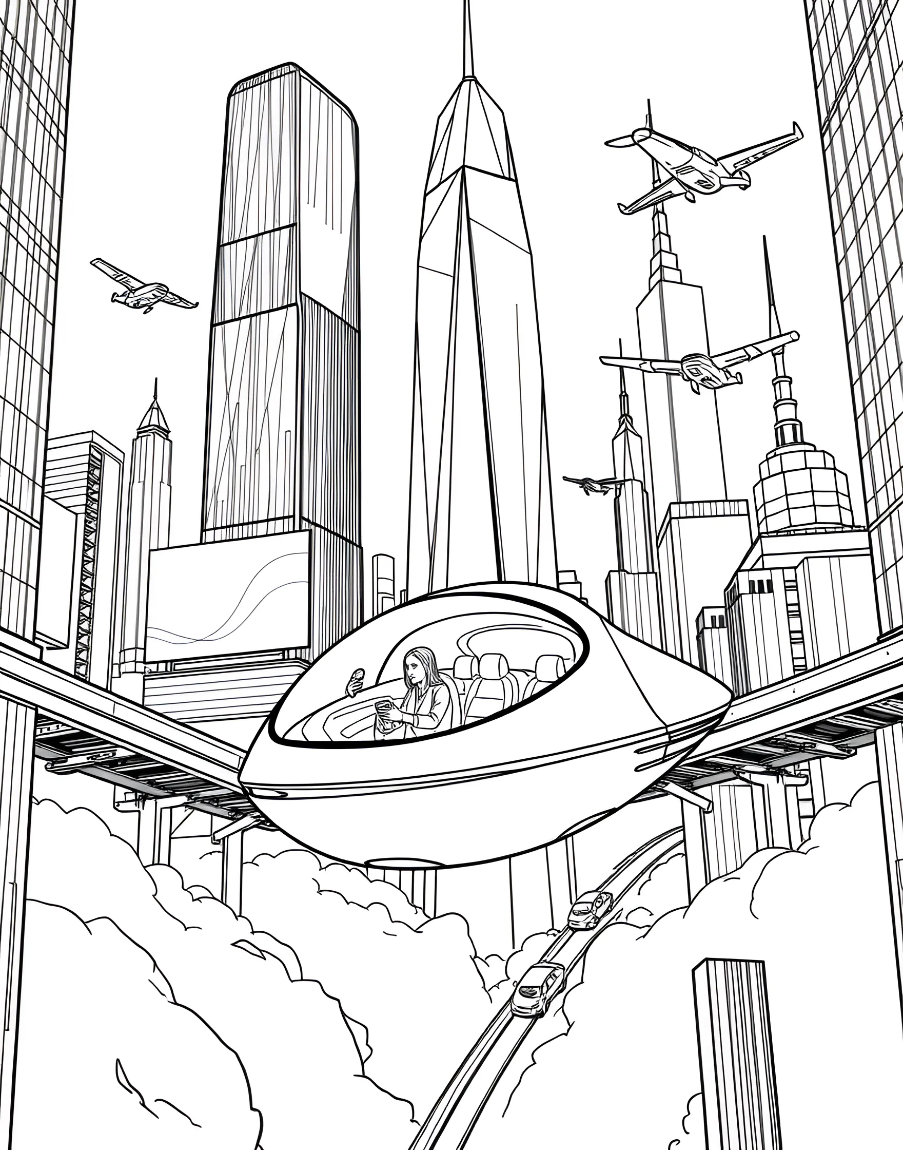 Futuristic Hover Car in a Sci-Fi City Coloring Page -- prompt: "A futuristic hover car floating in a sci-fi city with tall buildings and flying vehicles." -- Let your imagination soar with this futuristic coloring page featuring a sleek hover car. The vehicle is depicted floating above the streets of a high-tech cityscape, complete with towering skyscrapers and flying drones. This page is perfect for young visionaries and science fiction enthusiasts.