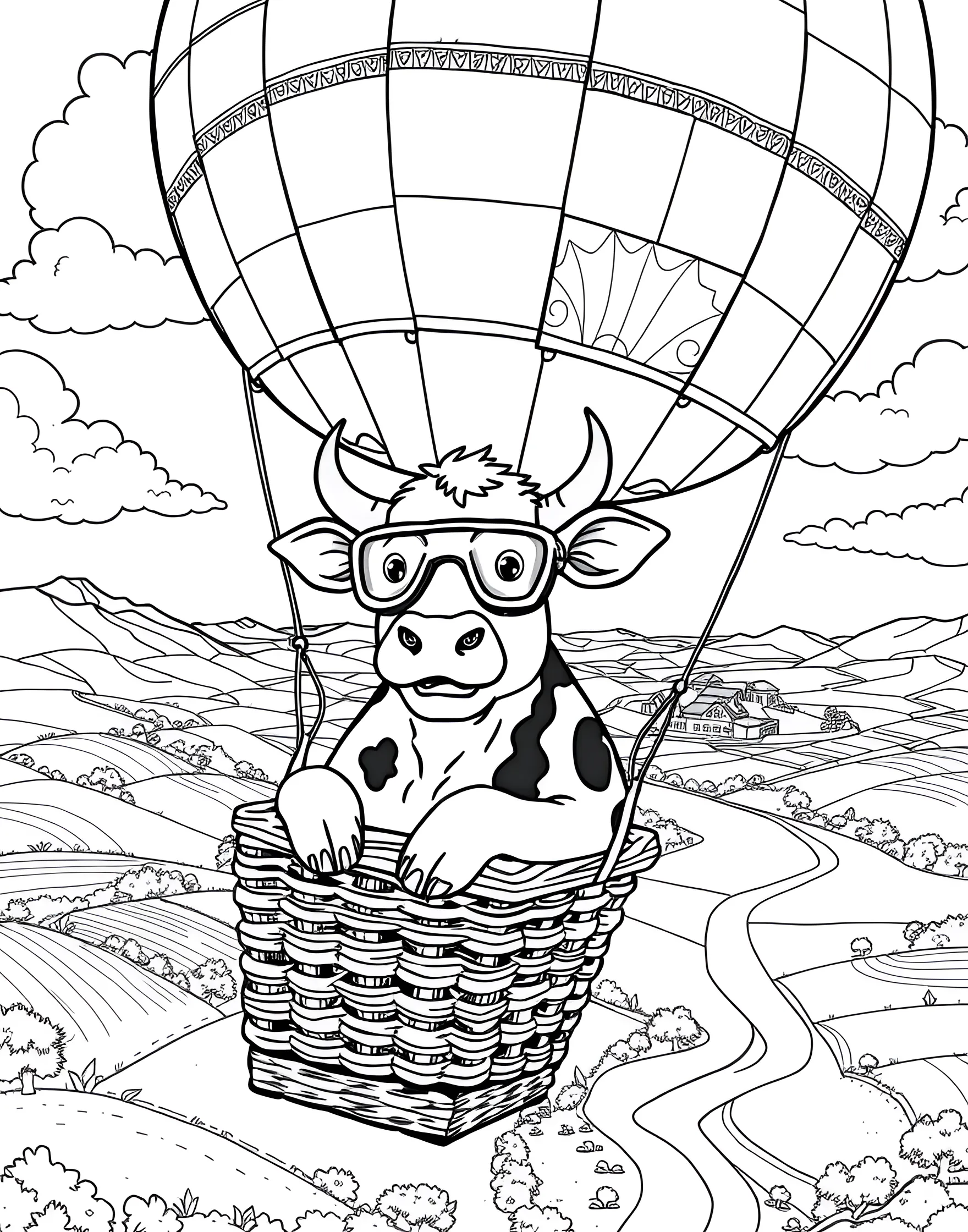 Cow in a Hot Air Balloon Coloring Page -- prompt: "A cow riding in a hot air balloon floating over a countryside landscape." -- Soar to new heights with this delightful coloring page of a cow in a hot air balloon. The cow is pictured peeking out of a colorful balloon basket, floating above a patchwork of fields. This page combines adventure with charming farm imagery.