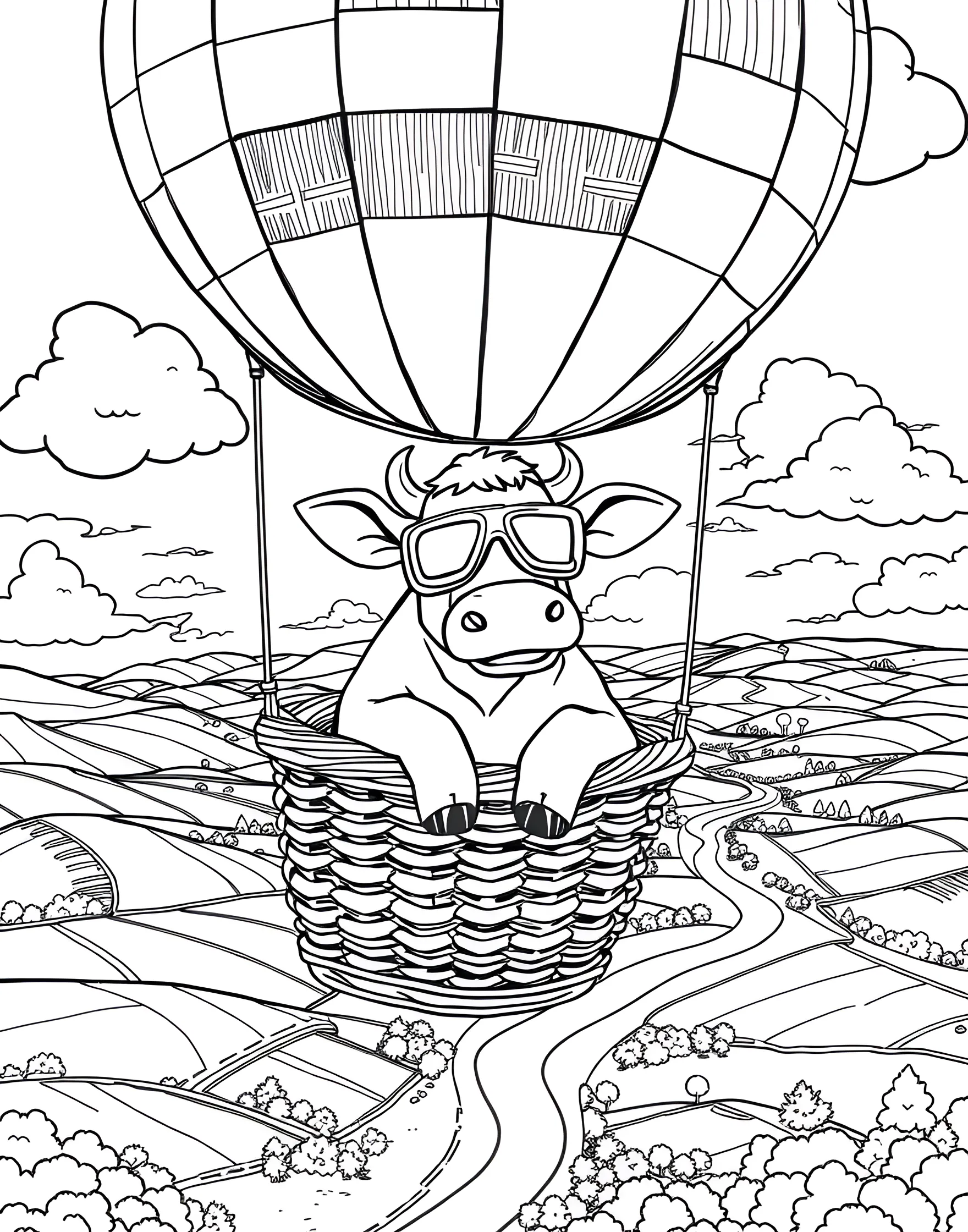 Cow in a Hot Air Balloon Coloring Page -- prompt: "A cow riding in a hot air balloon floating over a countryside landscape." -- Soar to new heights with this delightful coloring page of a cow in a hot air balloon. The cow is pictured peeking out of a colorful balloon basket, floating above a patchwork of fields. This page combines adventure with charming farm imagery.