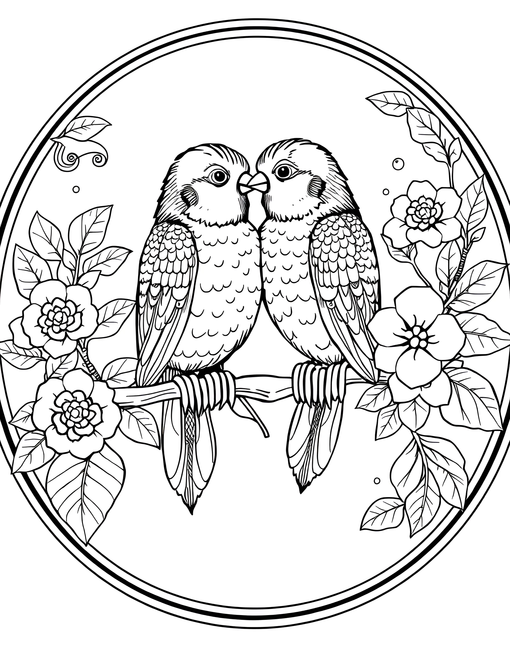 Love Birds on a Heart Branch Coloring Page -- prompt: "Two love birds sitting on a heart-shaped branch, surrounded by leaves and flowers." -- This charming coloring page depicts two adorable love birds perched on a branch that forms a heart shape. The birds are nuzzling each other, symbolizing affection and companionship. Surrounding the central image are delicate leaves and flowers, adding a touch of nature to this romantic scene.