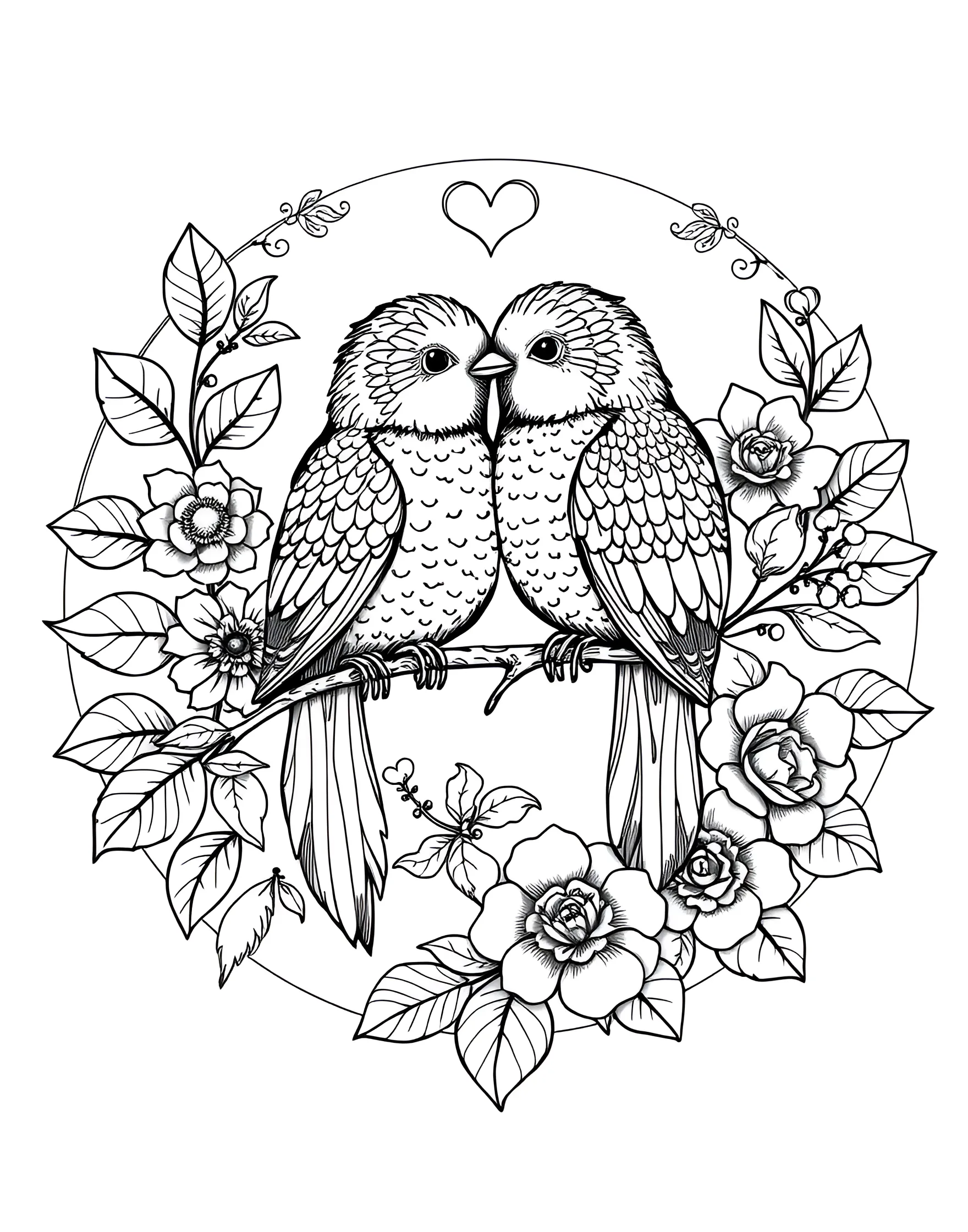 Love Birds on a Heart Branch Coloring Page -- prompt: "Two love birds sitting on a heart-shaped branch, surrounded by leaves and flowers." -- This charming coloring page depicts two adorable love birds perched on a branch that forms a heart shape. The birds are nuzzling each other, symbolizing affection and companionship. Surrounding the central image are delicate leaves and flowers, adding a touch of nature to this romantic scene.