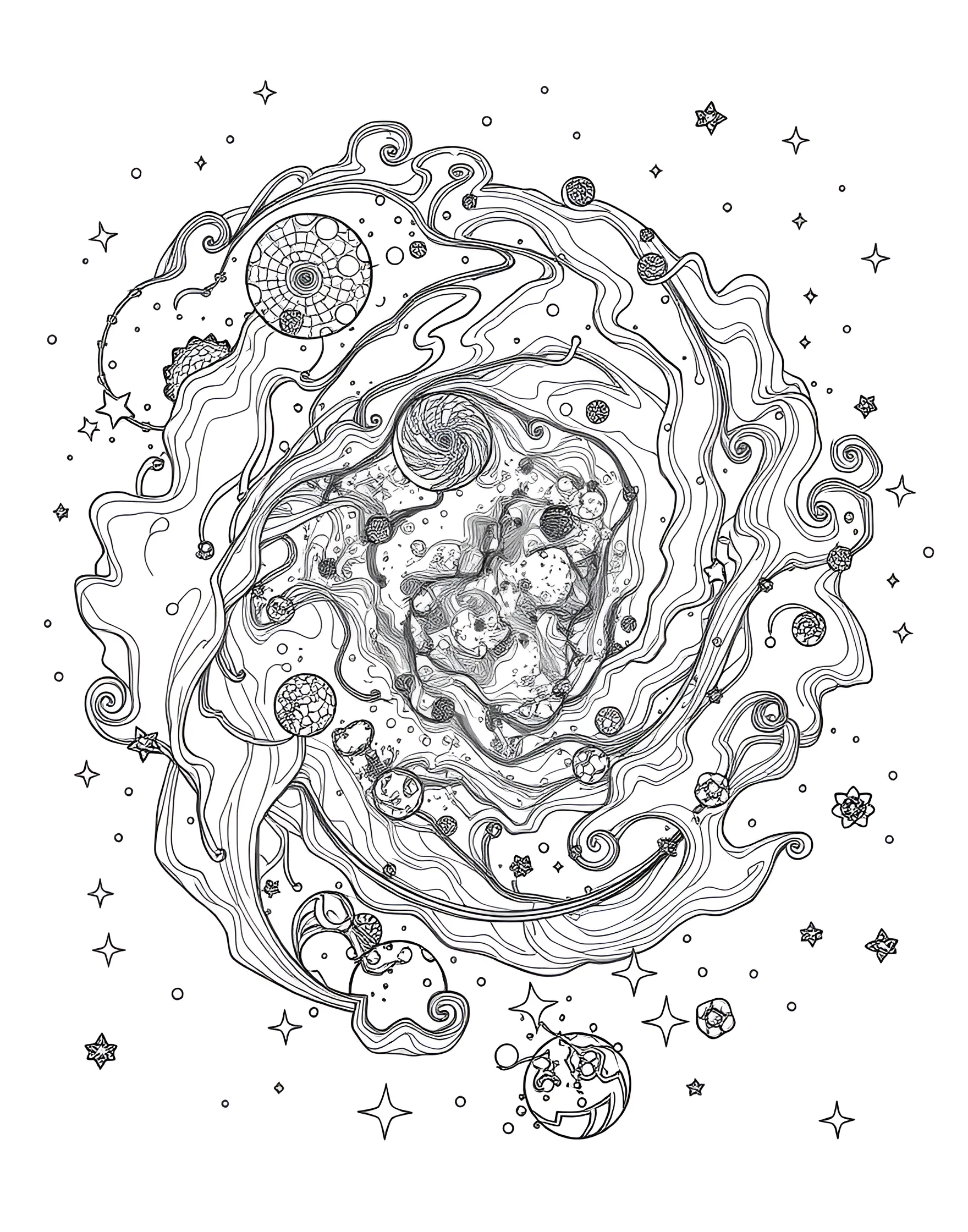 Rainbow Nebula Coloring Page -- prompt: "A vast nebula in space with swirling clouds of cosmic dust in rainbow colors, dotted with stars." -- Journey to the far reaches of space with this rainbow nebula design. The swirling cosmic dust and stars provide opportunities for vibrant color blending. It's ideal for space enthusiasts and those who love creating ethereal, dreamy scenes.