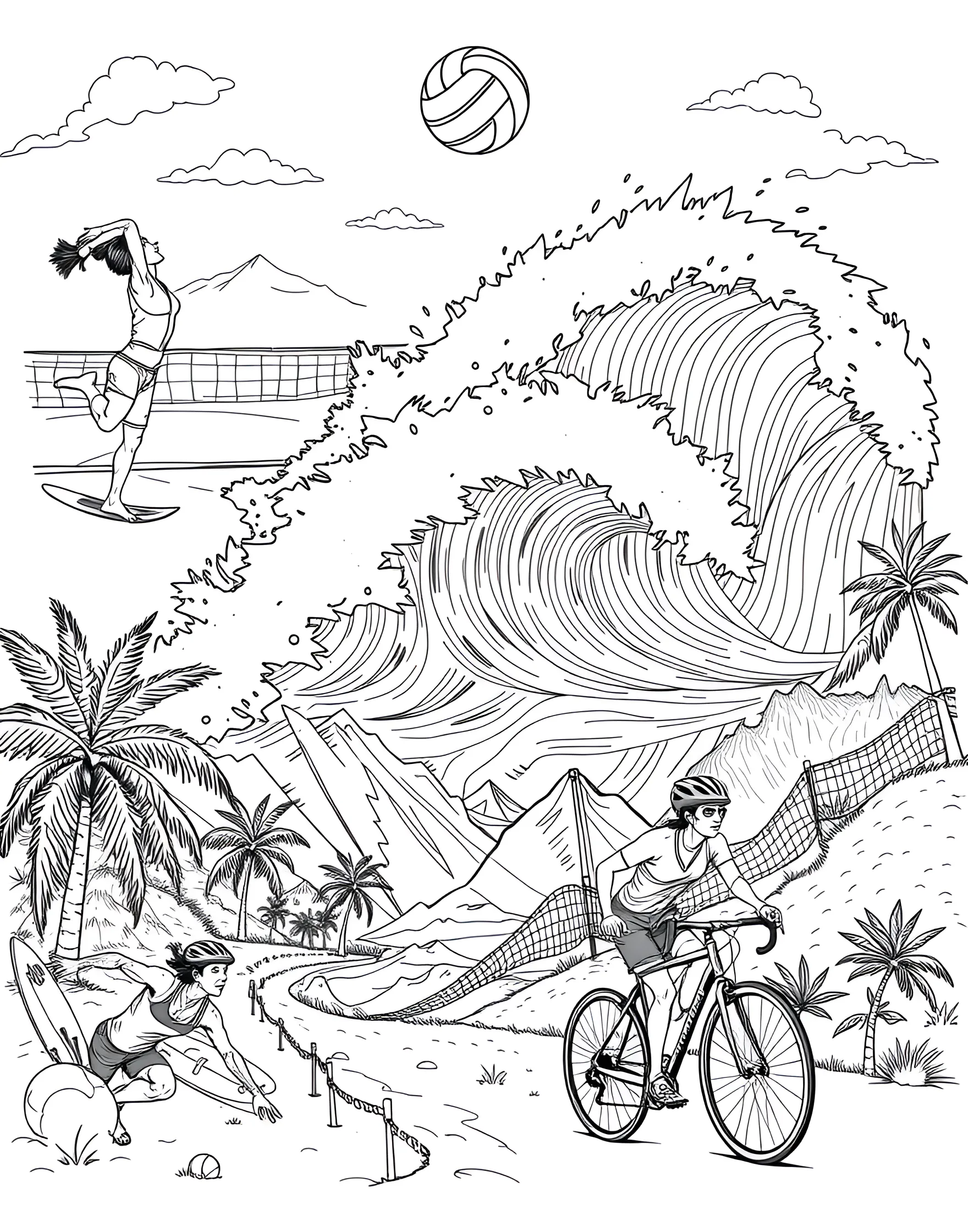 Summer Sports Extravaganza Coloring Page -- prompt: "A collage of summer sports including beach volleyball, surfing, tennis, and cycling." -- Get active with this action-packed summer sports coloring page. From beach volleyball and surfing to tennis and cycling, this scene showcases a variety of popular summer activities. It's perfect for sports enthusiasts and anyone who loves outdoor fun.