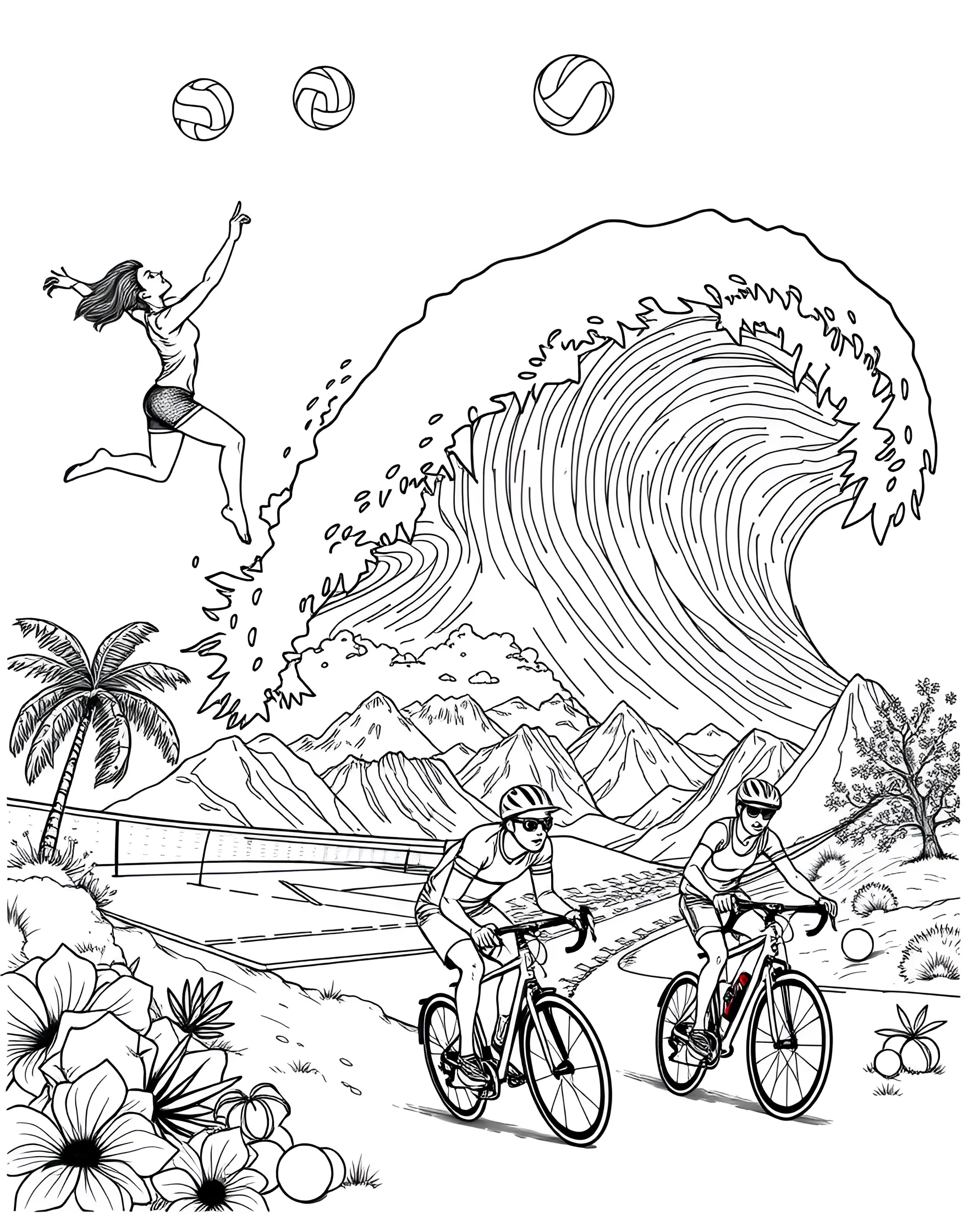 Summer Sports Extravaganza Coloring Page -- prompt: "A collage of summer sports including beach volleyball, surfing, tennis, and cycling." -- Get active with this action-packed summer sports coloring page. From beach volleyball and surfing to tennis and cycling, this scene showcases a variety of popular summer activities. It's perfect for sports enthusiasts and anyone who loves outdoor fun.