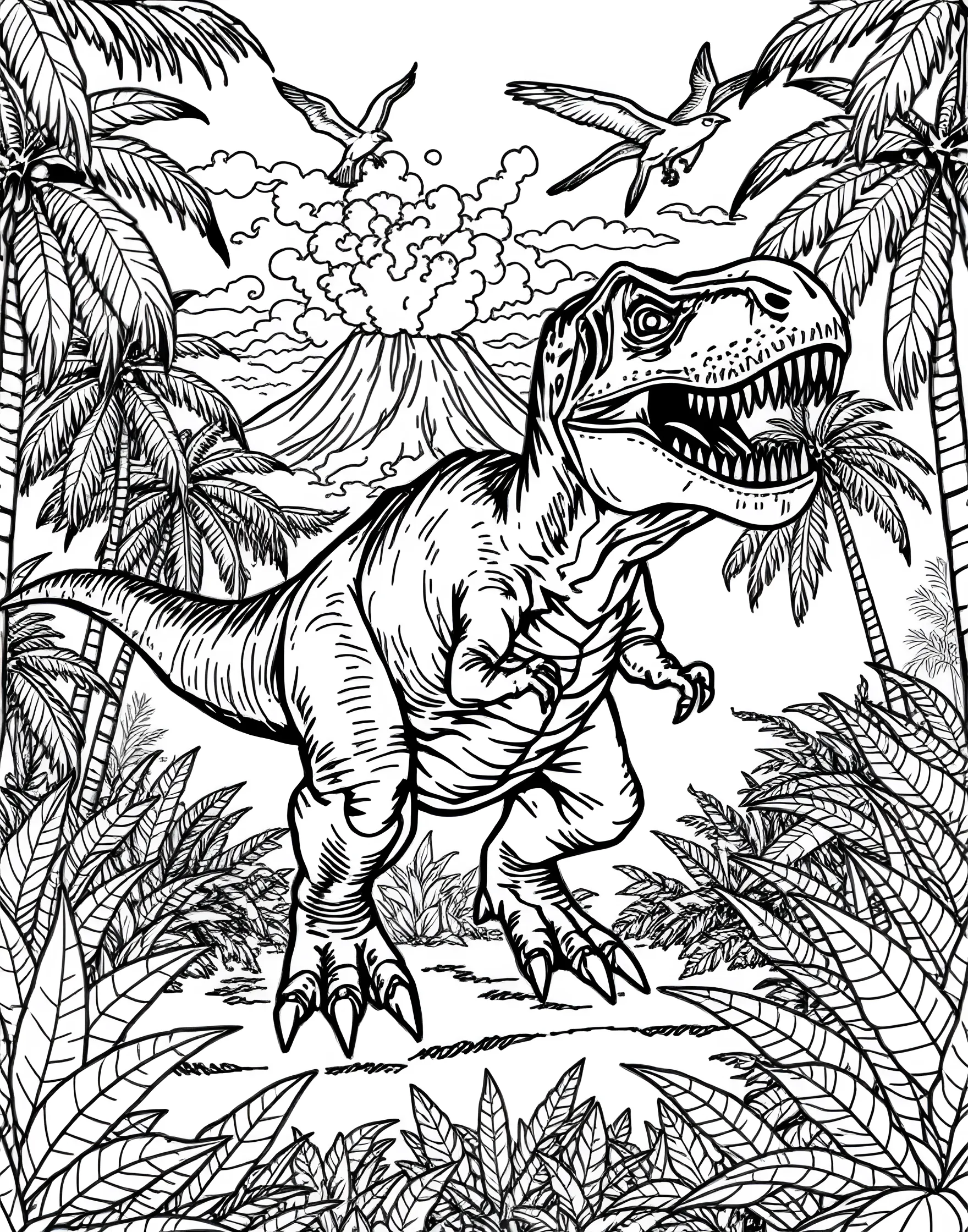 Dinosaur Adventure Coloring Page -- prompt: "A T-Rex stomping through a jungle with volcanoes in the background." -- Step back in time with this thrilling dinosaur coloring page. A fierce T-Rex roams through a prehistoric landscape, surrounded by ancient plants and volcanoes. This page offers a perfect blend of excitement and education, allowing boys to explore the world of dinosaurs while flexing their creative muscles.