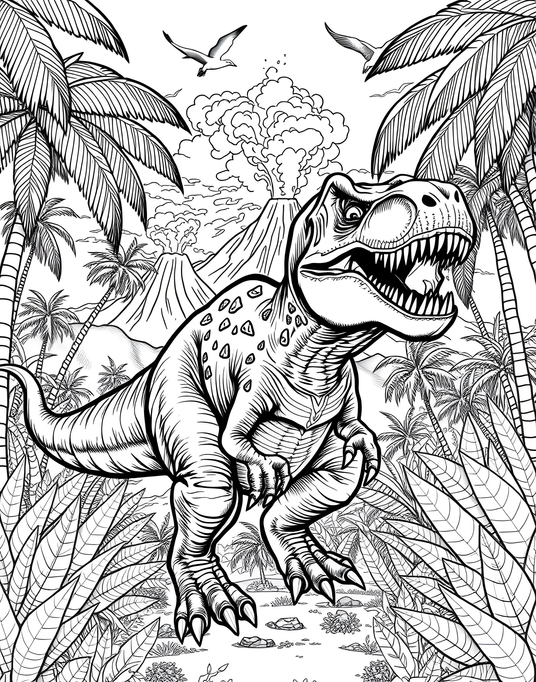 Dinosaur Adventure Coloring Page -- prompt: "A T-Rex stomping through a jungle with volcanoes in the background." -- Step back in time with this thrilling dinosaur coloring page. A fierce T-Rex roams through a prehistoric landscape, surrounded by ancient plants and volcanoes. This page offers a perfect blend of excitement and education, allowing boys to explore the world of dinosaurs while flexing their creative muscles.