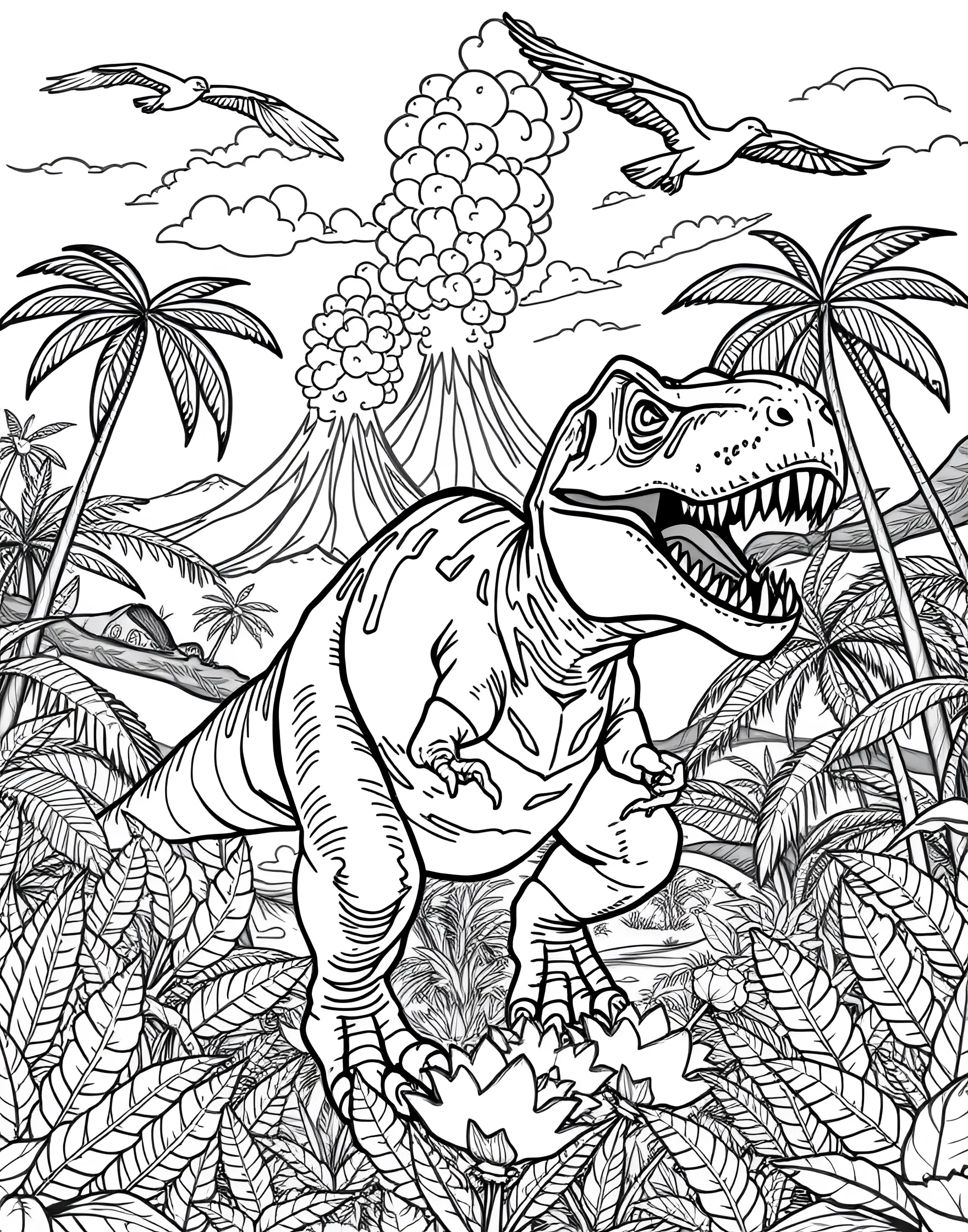 Dinosaur Adventure Coloring Page -- prompt: "A T-Rex stomping through a jungle with volcanoes in the background." -- Step back in time with this thrilling dinosaur coloring page. A fierce T-Rex roams through a prehistoric landscape, surrounded by ancient plants and volcanoes. This page offers a perfect blend of excitement and education, allowing boys to explore the world of dinosaurs while flexing their creative muscles.