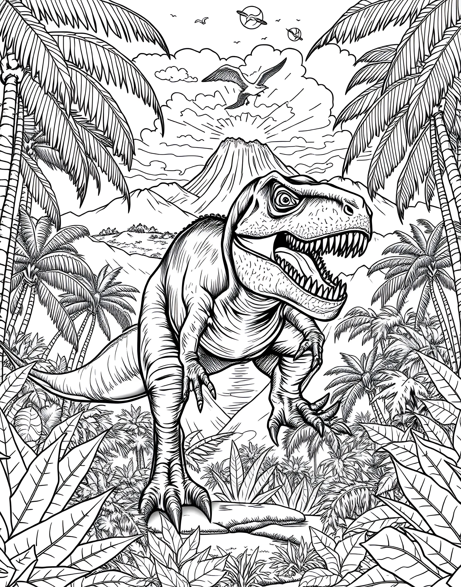 Dinosaur Adventure Coloring Page -- prompt: "A T-Rex stomping through a jungle with volcanoes in the background." -- Step back in time with this thrilling dinosaur coloring page. A fierce T-Rex roams through a prehistoric landscape, surrounded by ancient plants and volcanoes. This page offers a perfect blend of excitement and education, allowing boys to explore the world of dinosaurs while flexing their creative muscles.