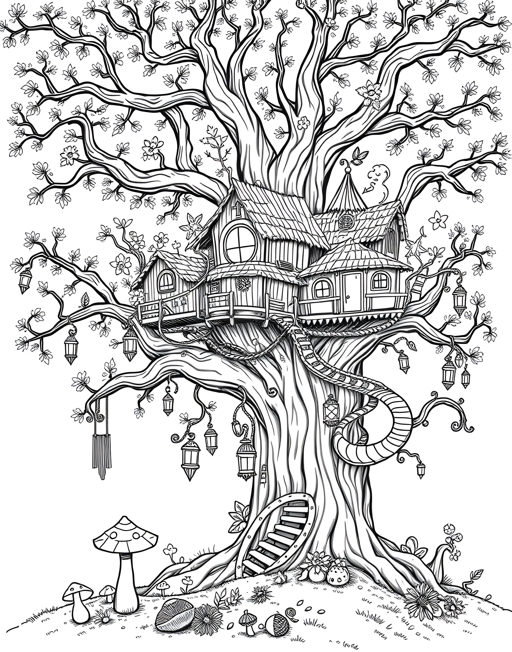 Fairy Treehouse Village Coloring Page -- prompt: "A fairy village with treehouses in the branches of a large tree, connected by bridges and slides." -- Discover a whimsical fairy village nestled in the branches of an ancient tree with this enchanting coloring page. Tiny treehouses connected by rope bridges and flower petal slides house busy fairies going about their day. Fireflies light up the scene as butterflies and birds flit between the magical dwellings, creating a bustling woodland community to color.