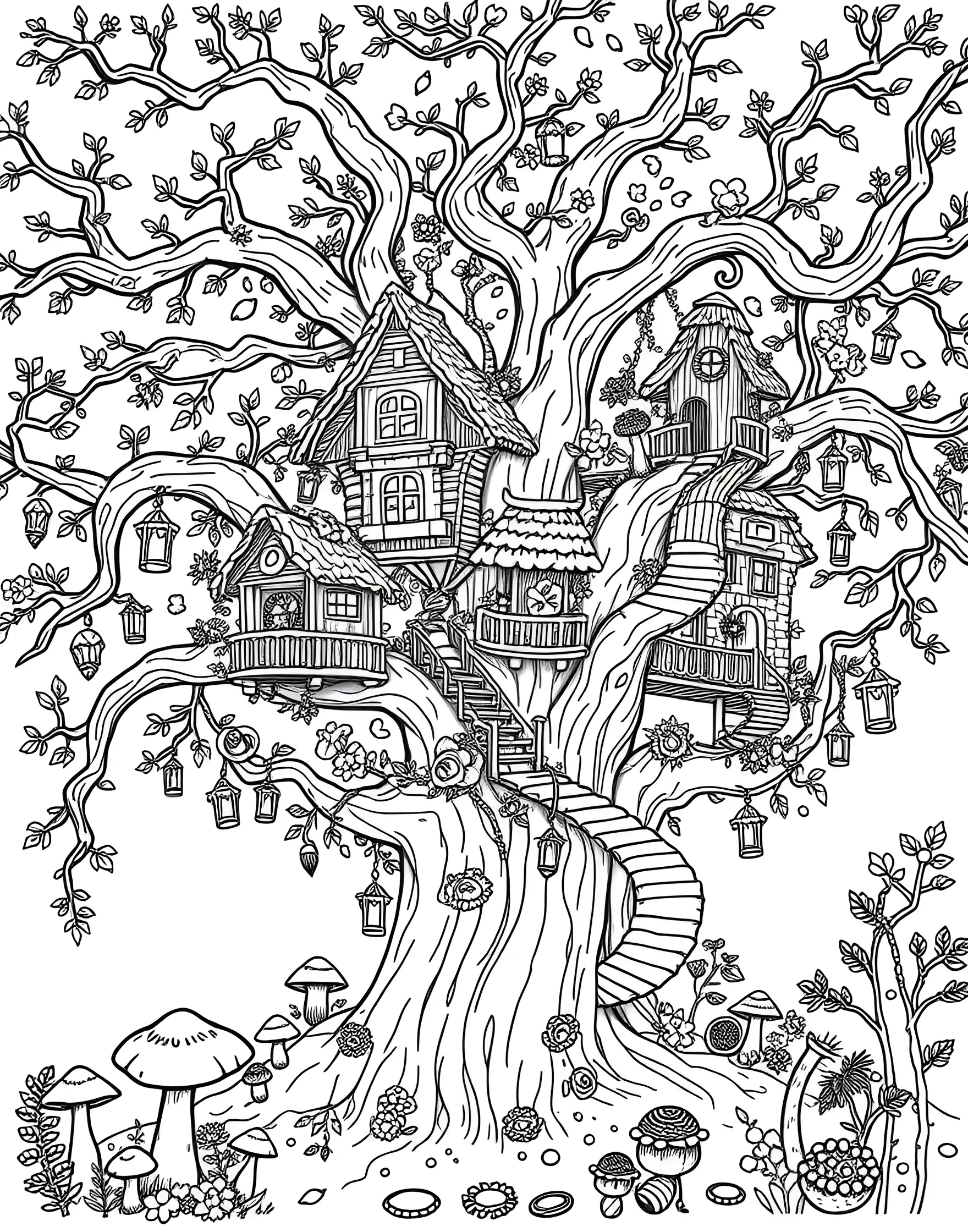 Fairy Treehouse Village Coloring Page -- prompt: "A fairy village with treehouses in the branches of a large tree, connected by bridges and slides." -- Discover a whimsical fairy village nestled in the branches of an ancient tree with this enchanting coloring page. Tiny treehouses connected by rope bridges and flower petal slides house busy fairies going about their day. Fireflies light up the scene as butterflies and birds flit between the magical dwellings, creating a bustling woodland community to color.