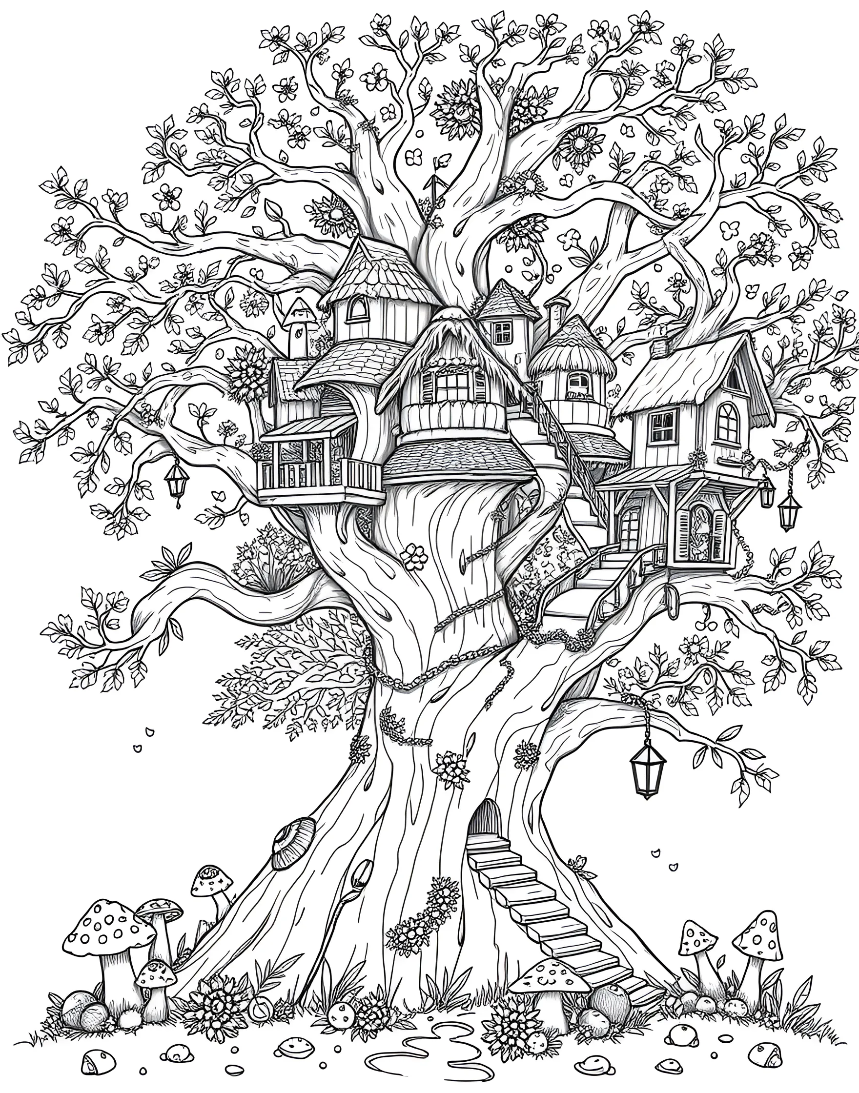 Fairy Treehouse Village Coloring Page -- prompt: "A fairy village with treehouses in the branches of a large tree, connected by bridges and slides." -- Discover a whimsical fairy village nestled in the branches of an ancient tree with this enchanting coloring page. Tiny treehouses connected by rope bridges and flower petal slides house busy fairies going about their day. Fireflies light up the scene as butterflies and birds flit between the magical dwellings, creating a bustling woodland community to color.