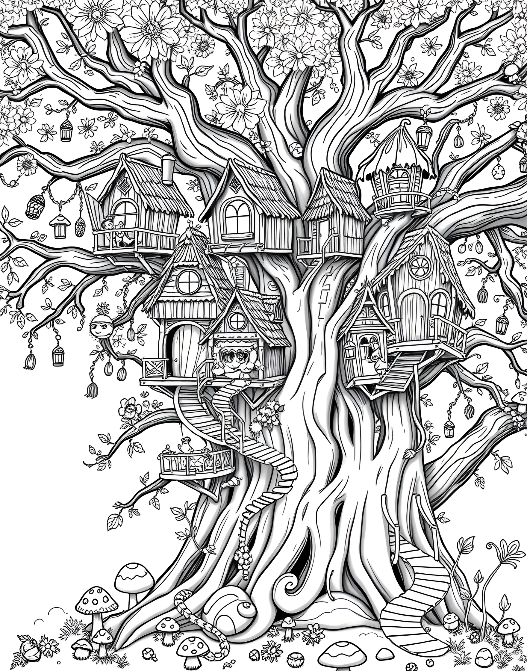 Fairy Treehouse Village Coloring Page -- prompt: "A fairy village with treehouses in the branches of a large tree, connected by bridges and slides." -- Discover a whimsical fairy village nestled in the branches of an ancient tree with this enchanting coloring page. Tiny treehouses connected by rope bridges and flower petal slides house busy fairies going about their day. Fireflies light up the scene as butterflies and birds flit between the magical dwellings, creating a bustling woodland community to color.