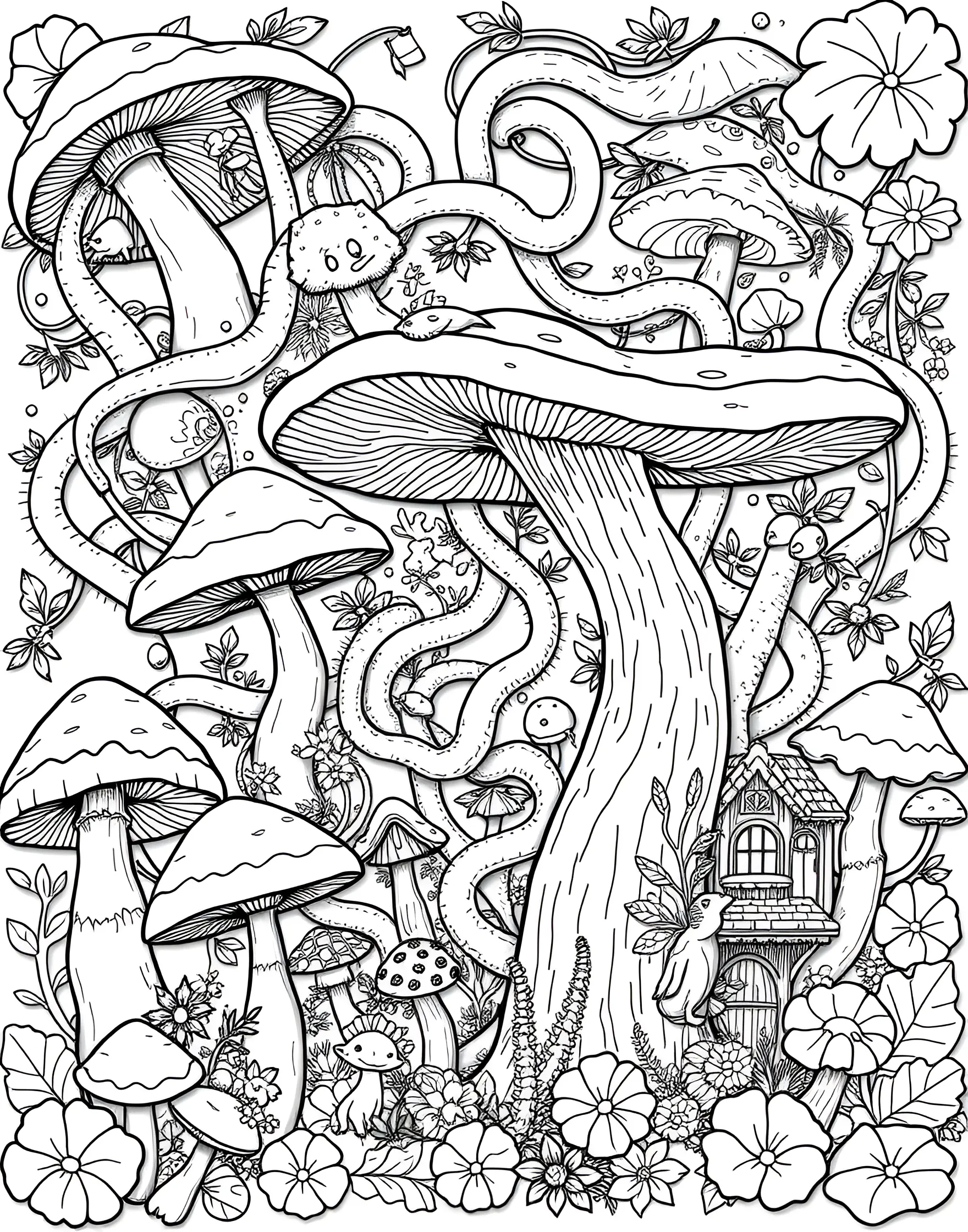 Mushroom Maze Coloring Page -- prompt: "An intricate maze formed by various mushroom shapes and stems, with a clear start and finish point." -- Challenge your mind and creativity with this intricate mushroom maze coloring page. A complex labyrinth is formed by various mushroom shapes, creating both a puzzle and a coloring activity. This page is perfect for those who enjoy problem-solving alongside their artistic pursuits.